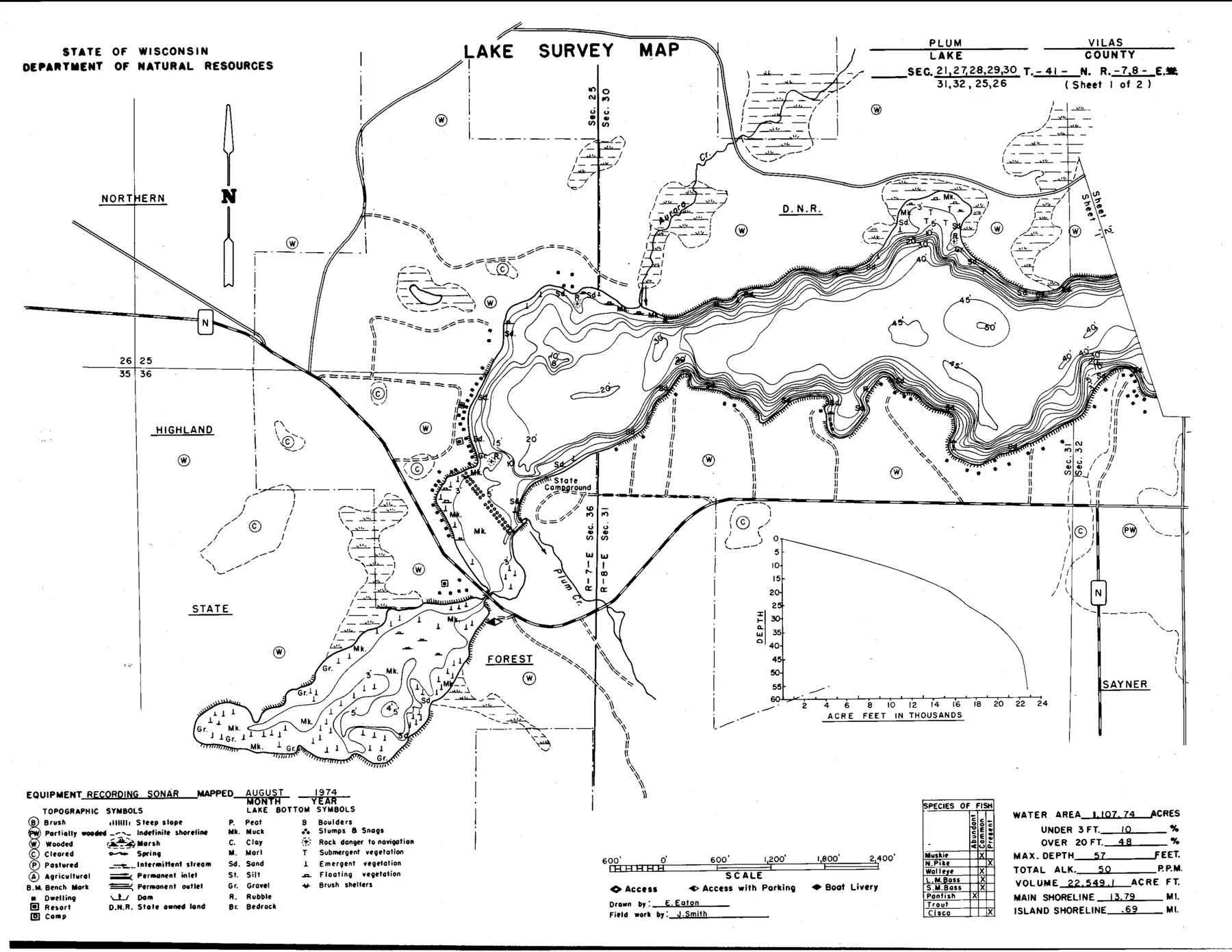 DNR survey map of Plum Lake, sheet 1 of 2, with depths in feet. Tap to zoom.