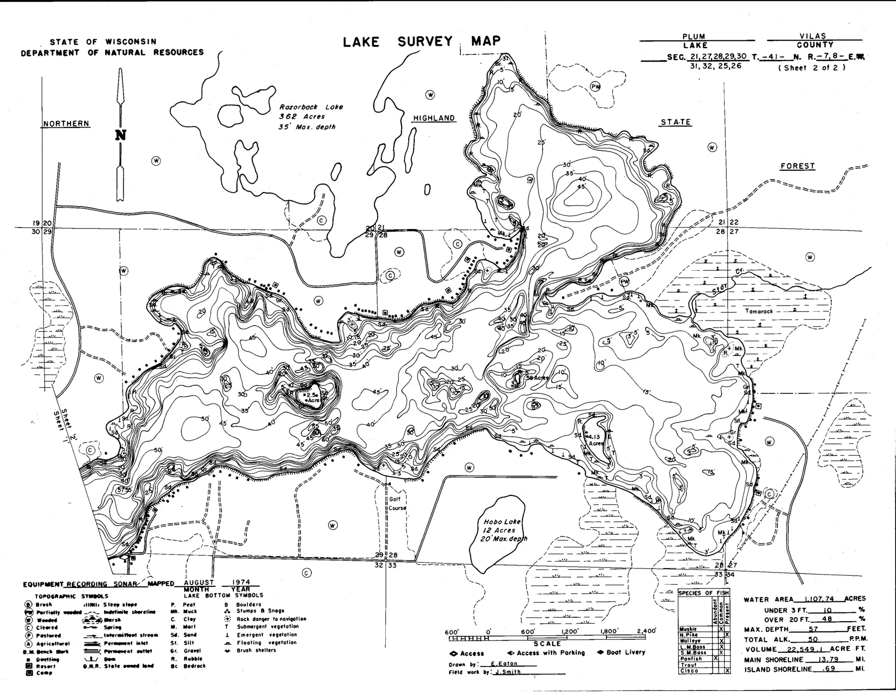 DNR survey map of Plum Lake, sheet 2 of 2, with depths in feet. Tap to zoom.