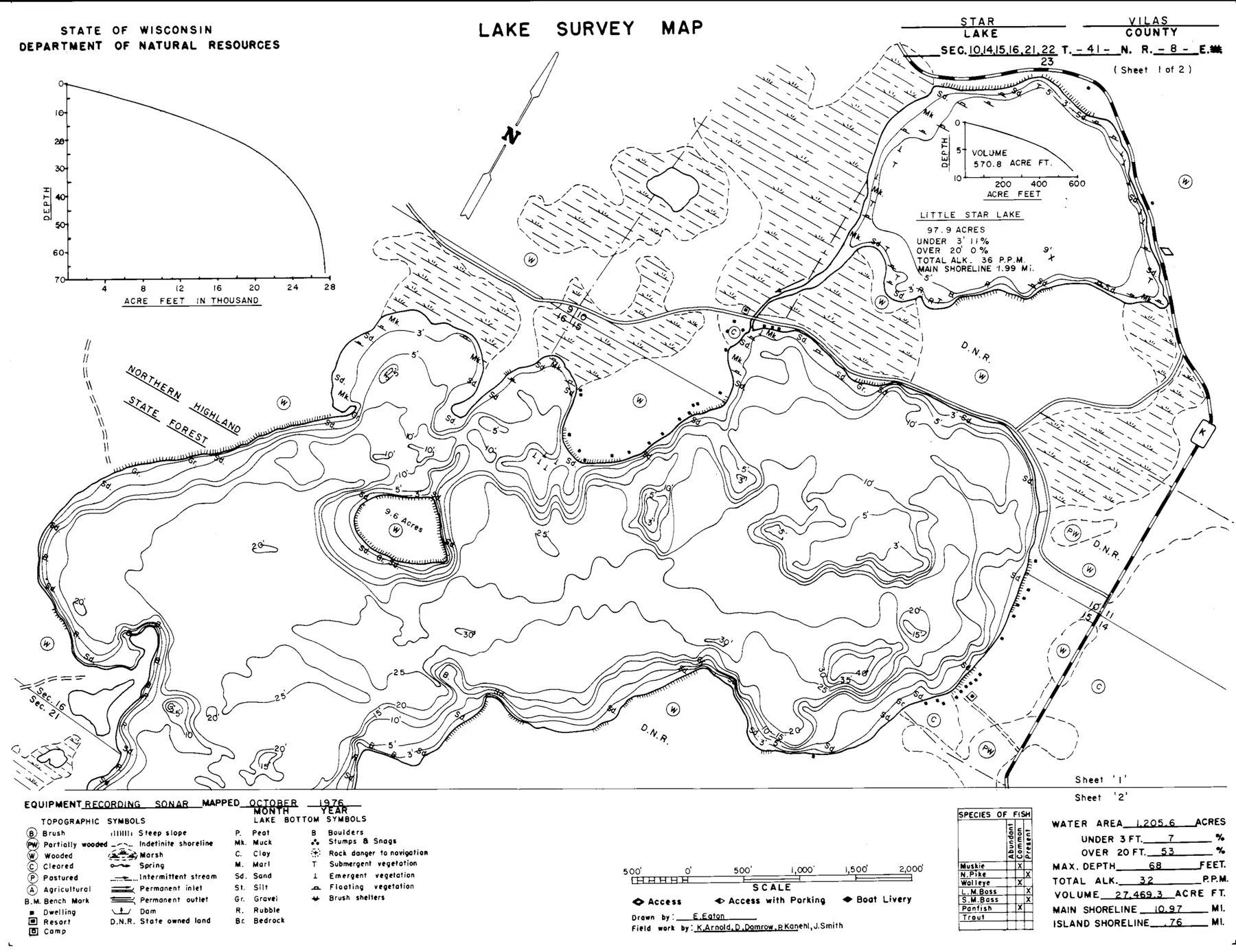 DNR survey map of Star Lake, sheet 1 of 2, with depths in feet. Tap to zoom.