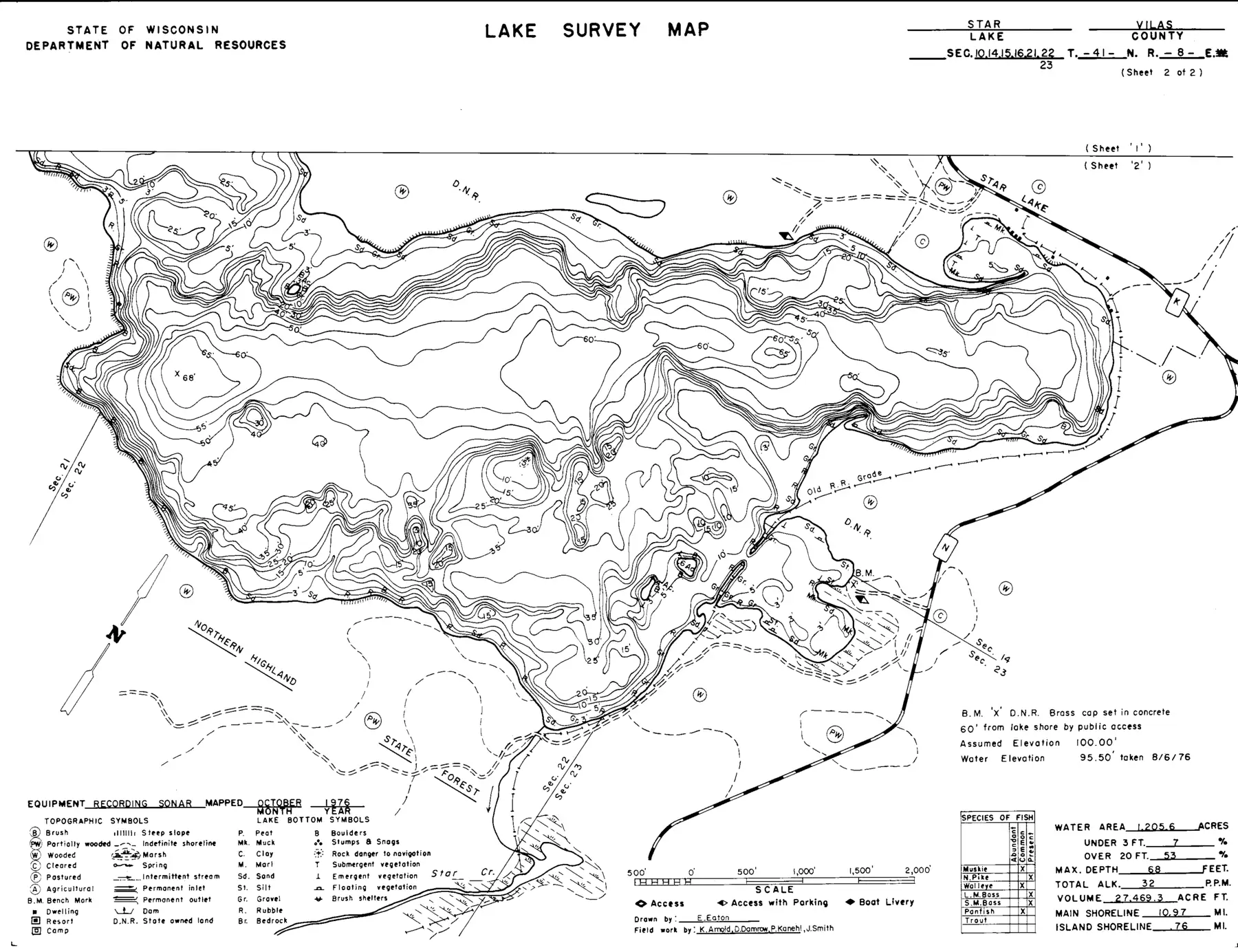DNR survey map of Star Lake, sheet 2 of 2, with depths in feet. Tap to zoom.