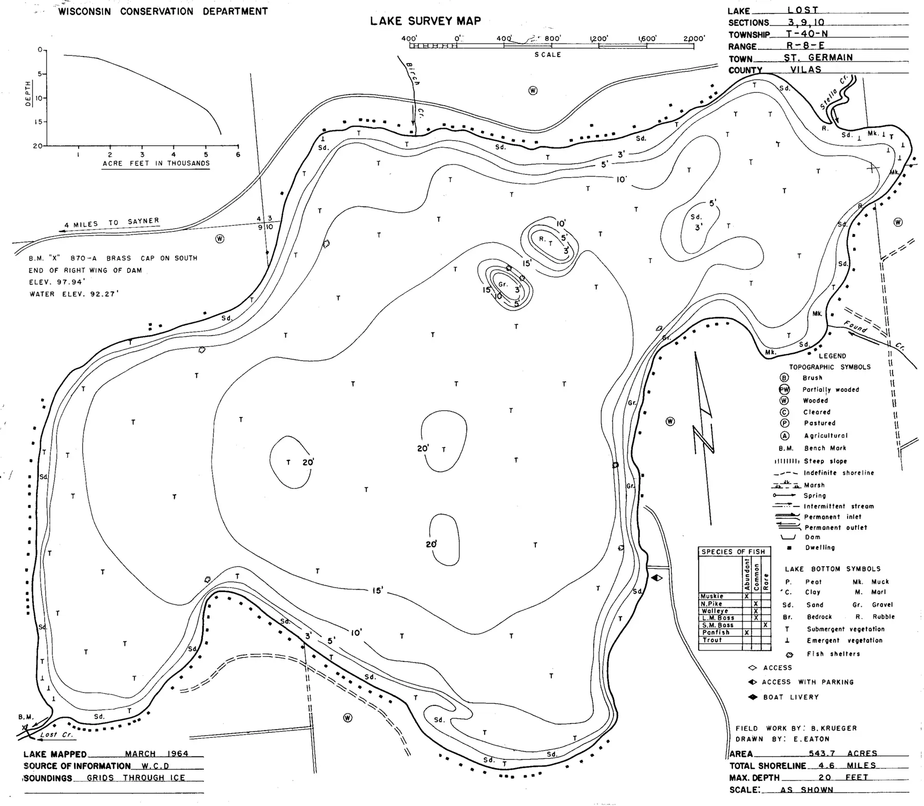 DNR survey map of Lost Lake, with depths in feet. Tap to zoom.