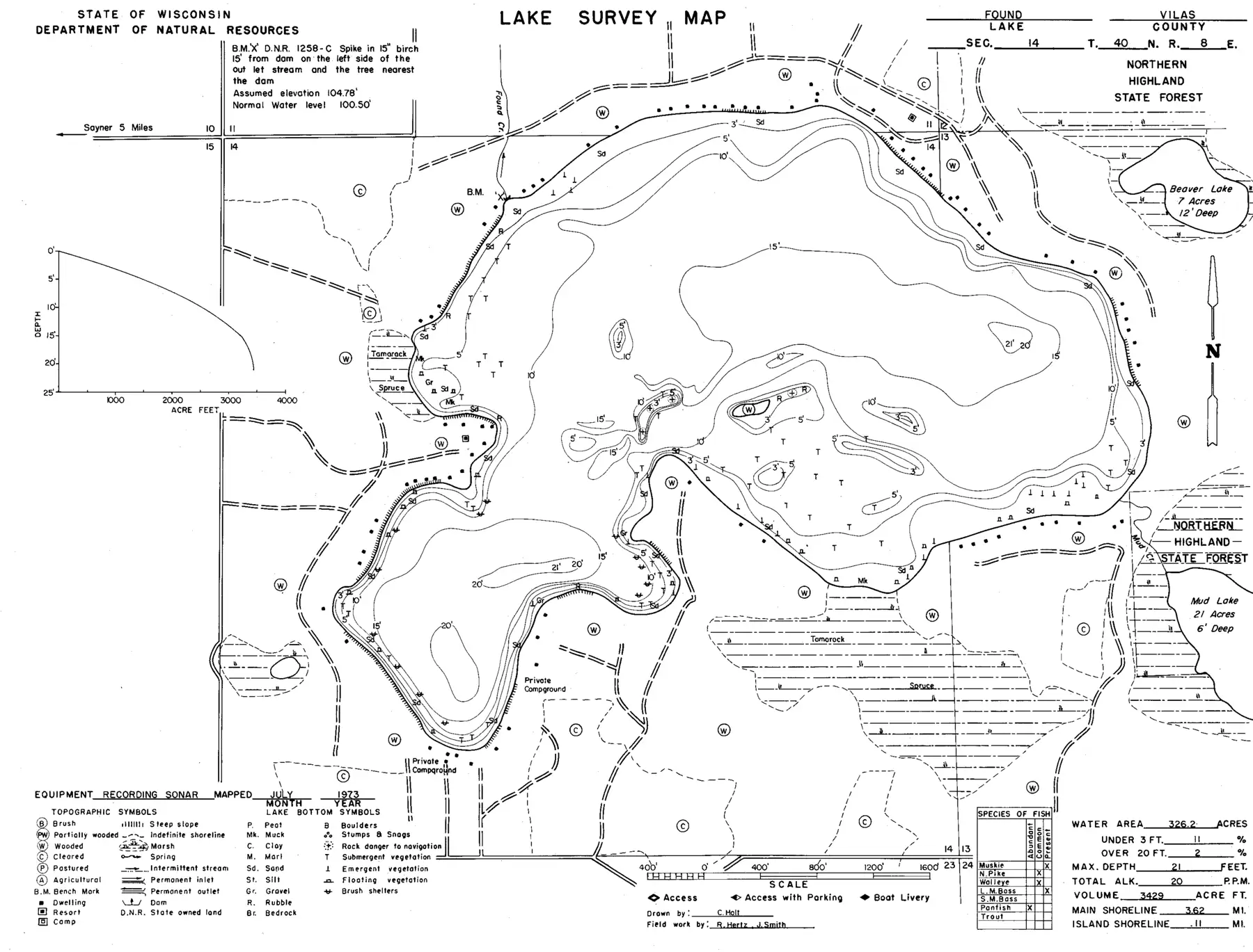 DNR survey map of Found Lake, with depths in feet. Tap to zoom.