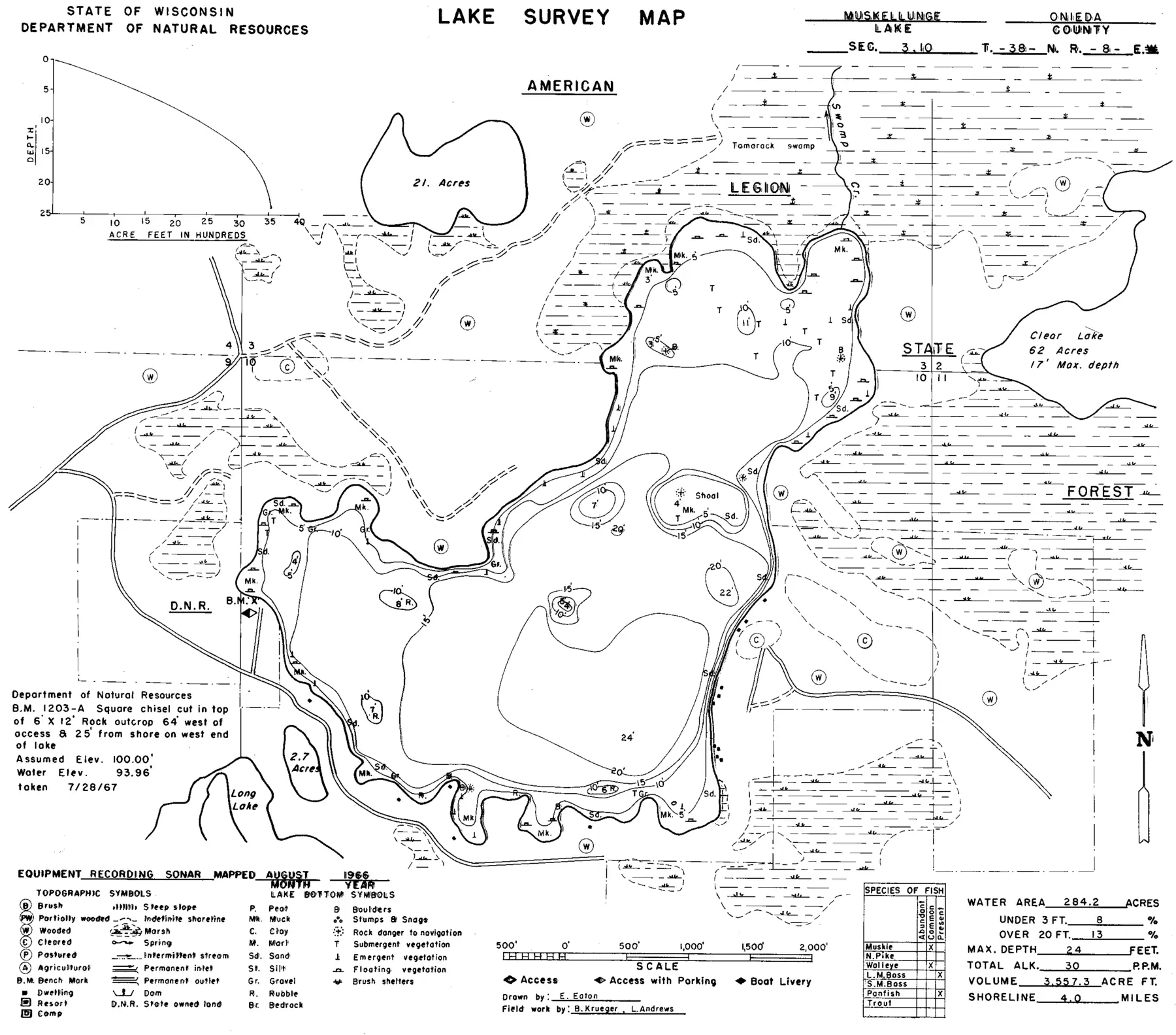 DNR survey map of Muskellunge Lake, with depths in feet. Tap to zoom.
