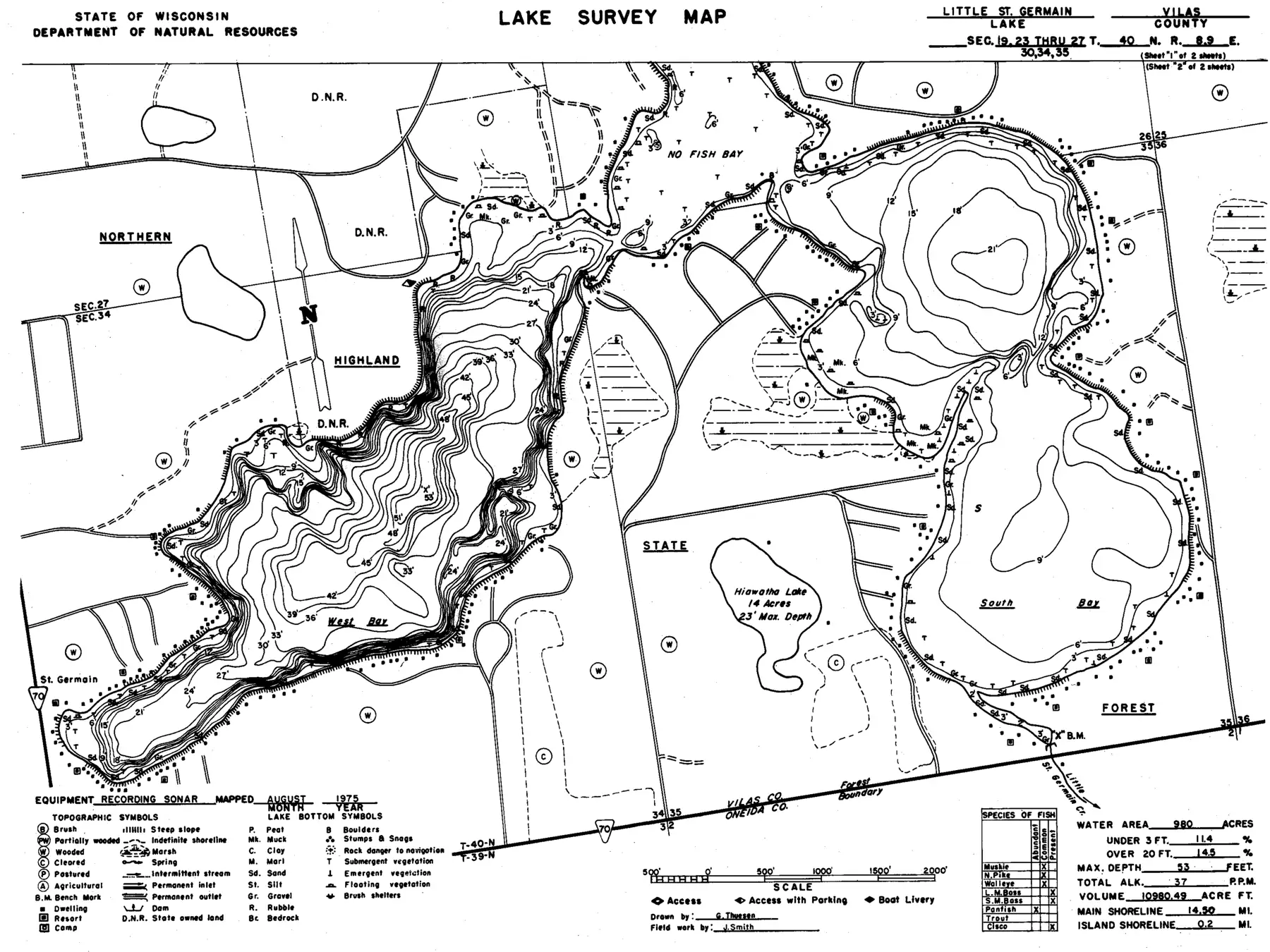 DNR survey map of Little Saint Germain Lake, sheet 2 of 2, with depths in feet. Tap to zoom.