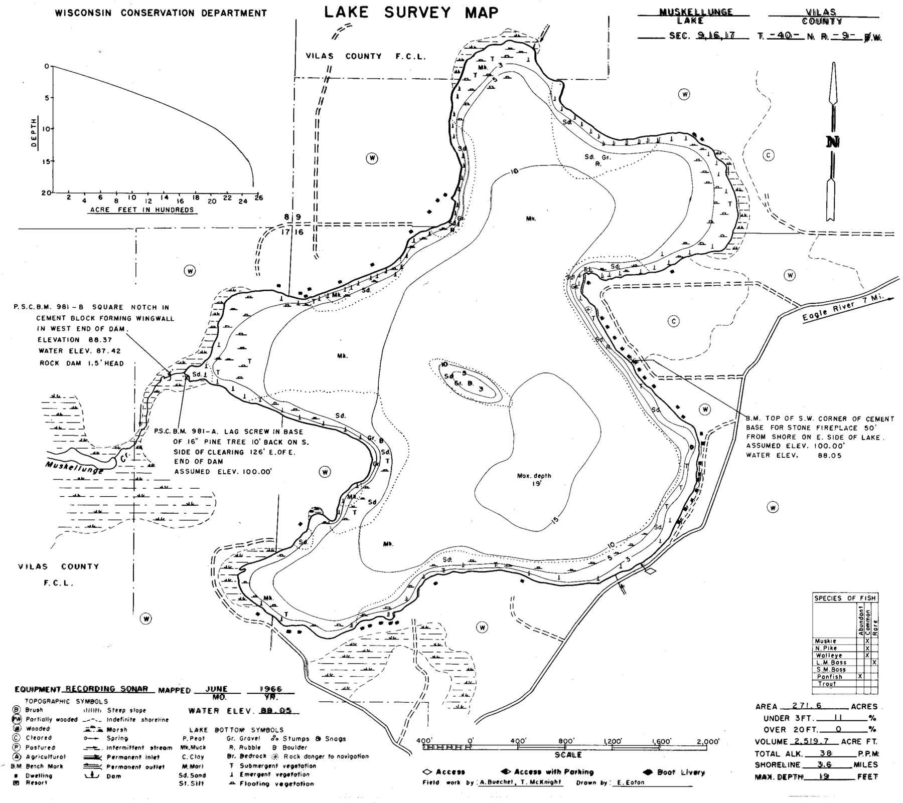 DNR survey map of Muskellunge Lake, with depths in feet. Tap to zoom.
