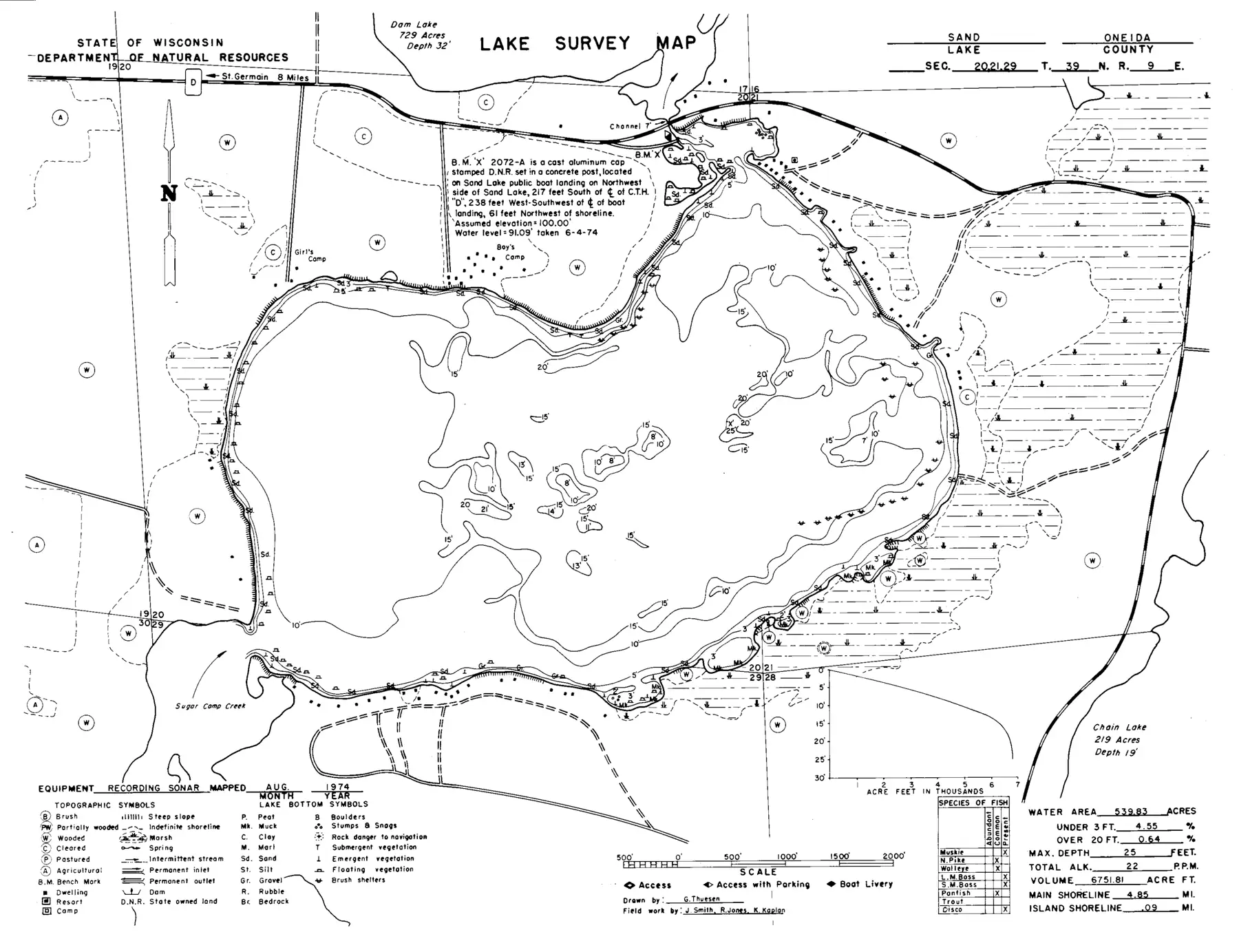 DNR survey map of Sand Lake, with depths in feet. Tap to zoom.
