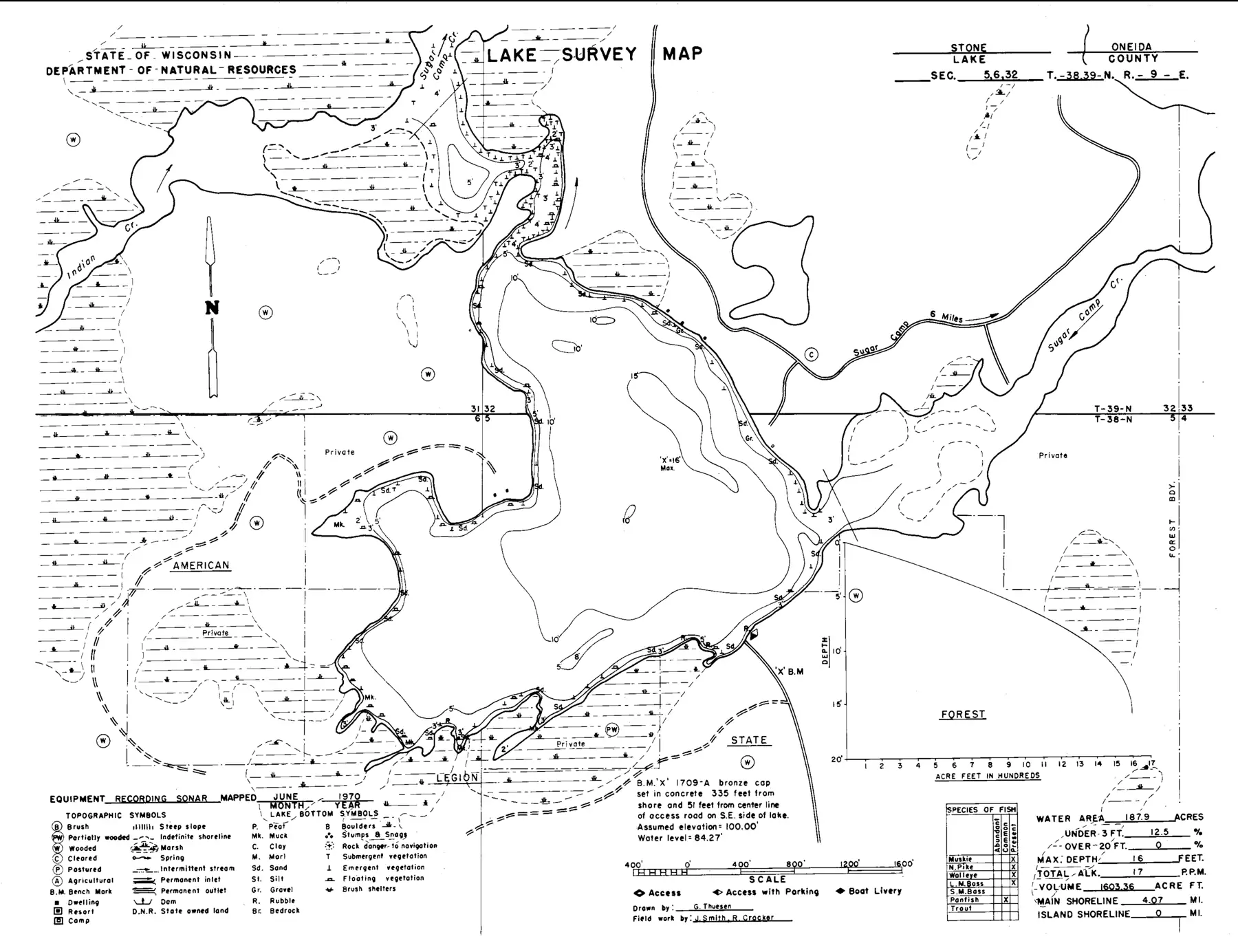 DNR survey map of Stone Lake, with depths in feet. Tap to zoom.