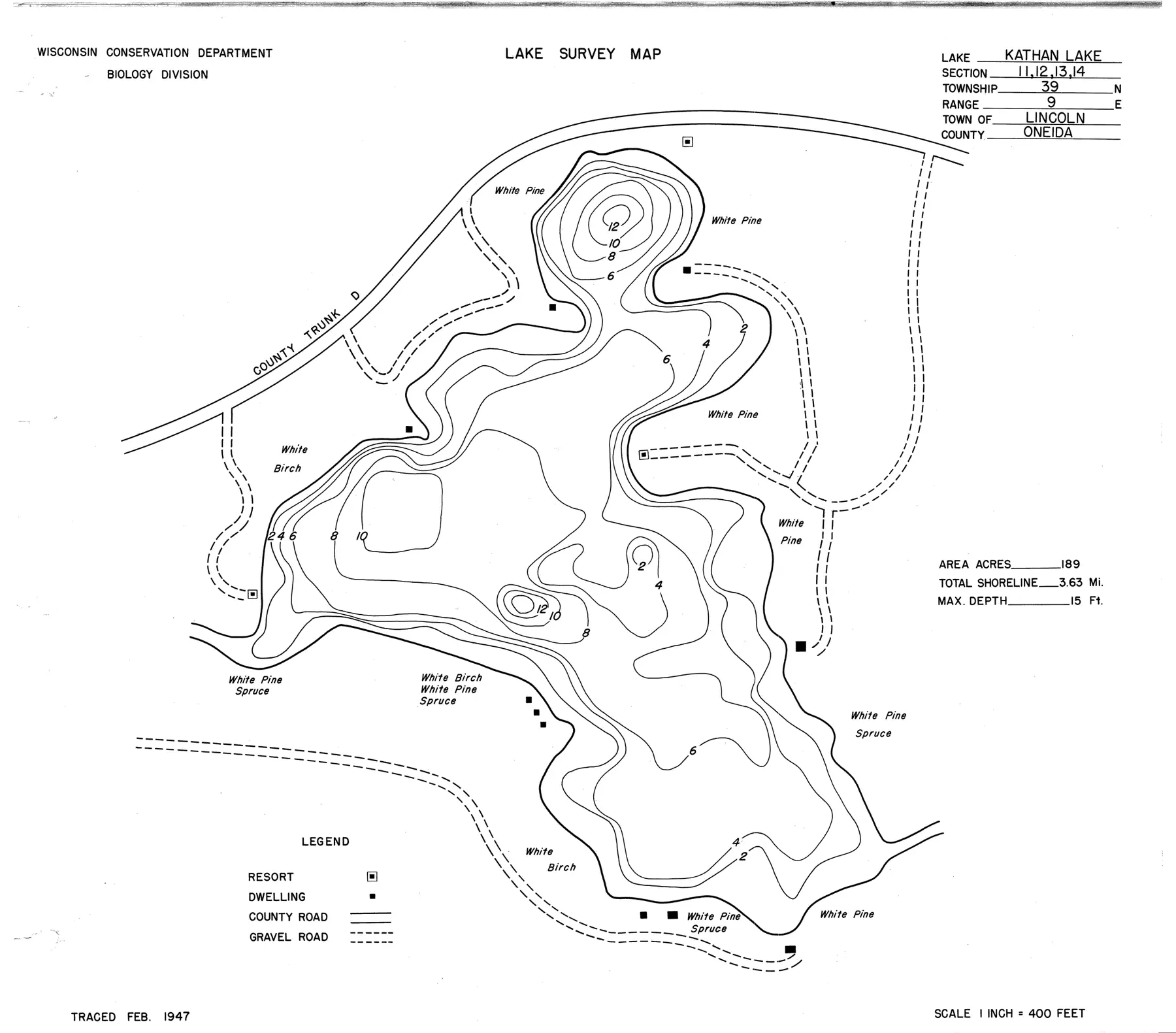 DNR survey map of Kathan Lake, with depths in feet. Tap to zoom.