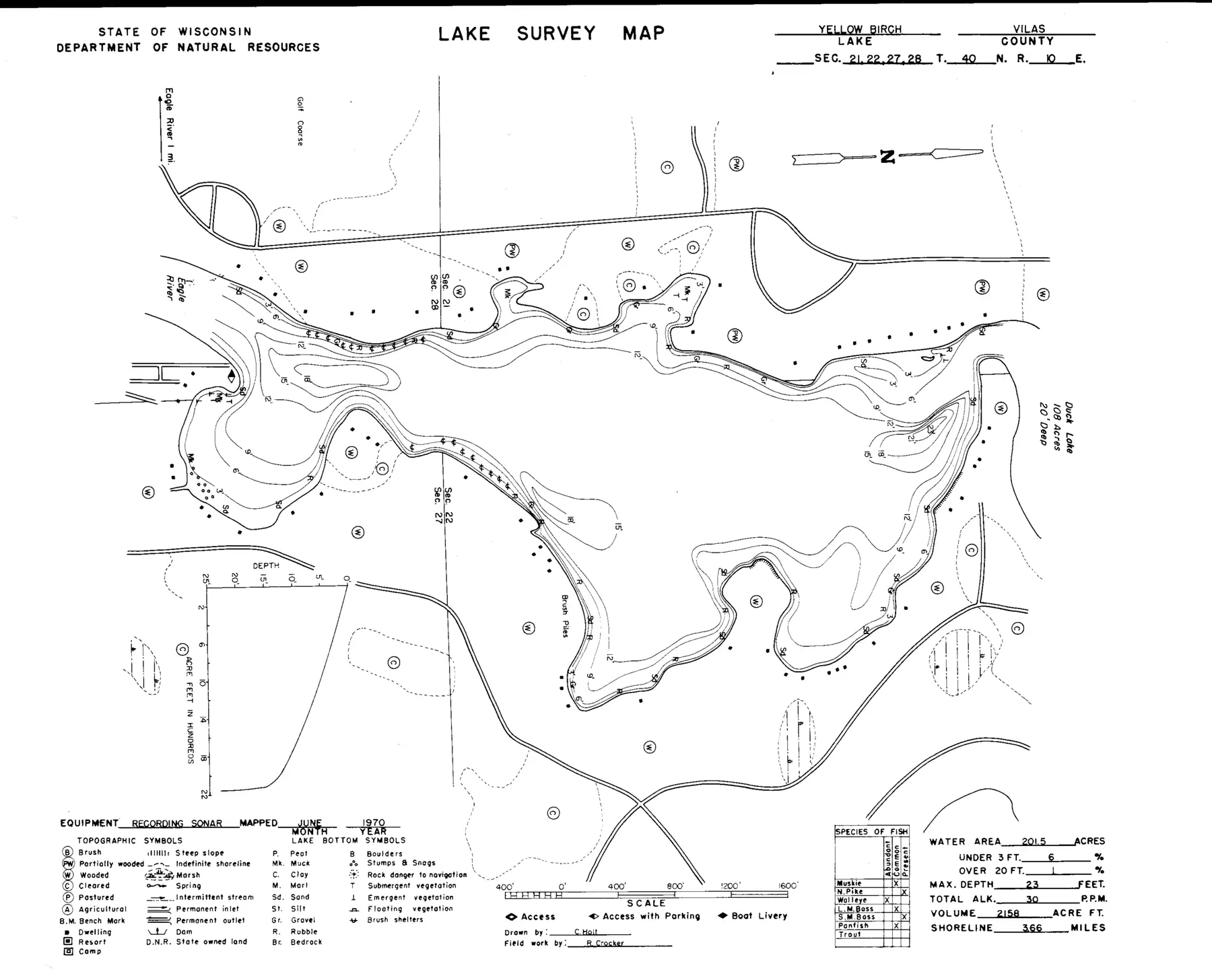 DNR survey map of Yellow Birch Lake, with depths in feet. Tap to zoom.