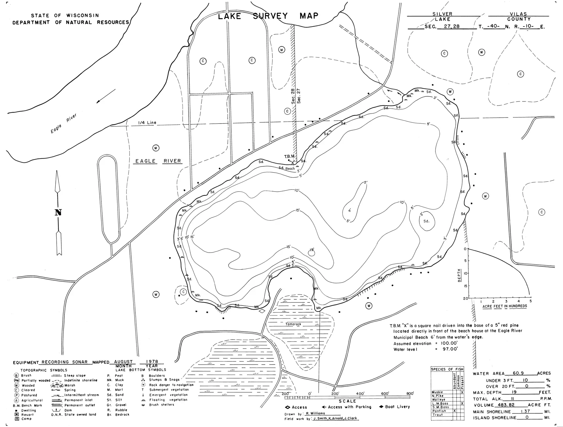 DNR survey map of Silver Lake, with depths in feet. Tap to zoom.