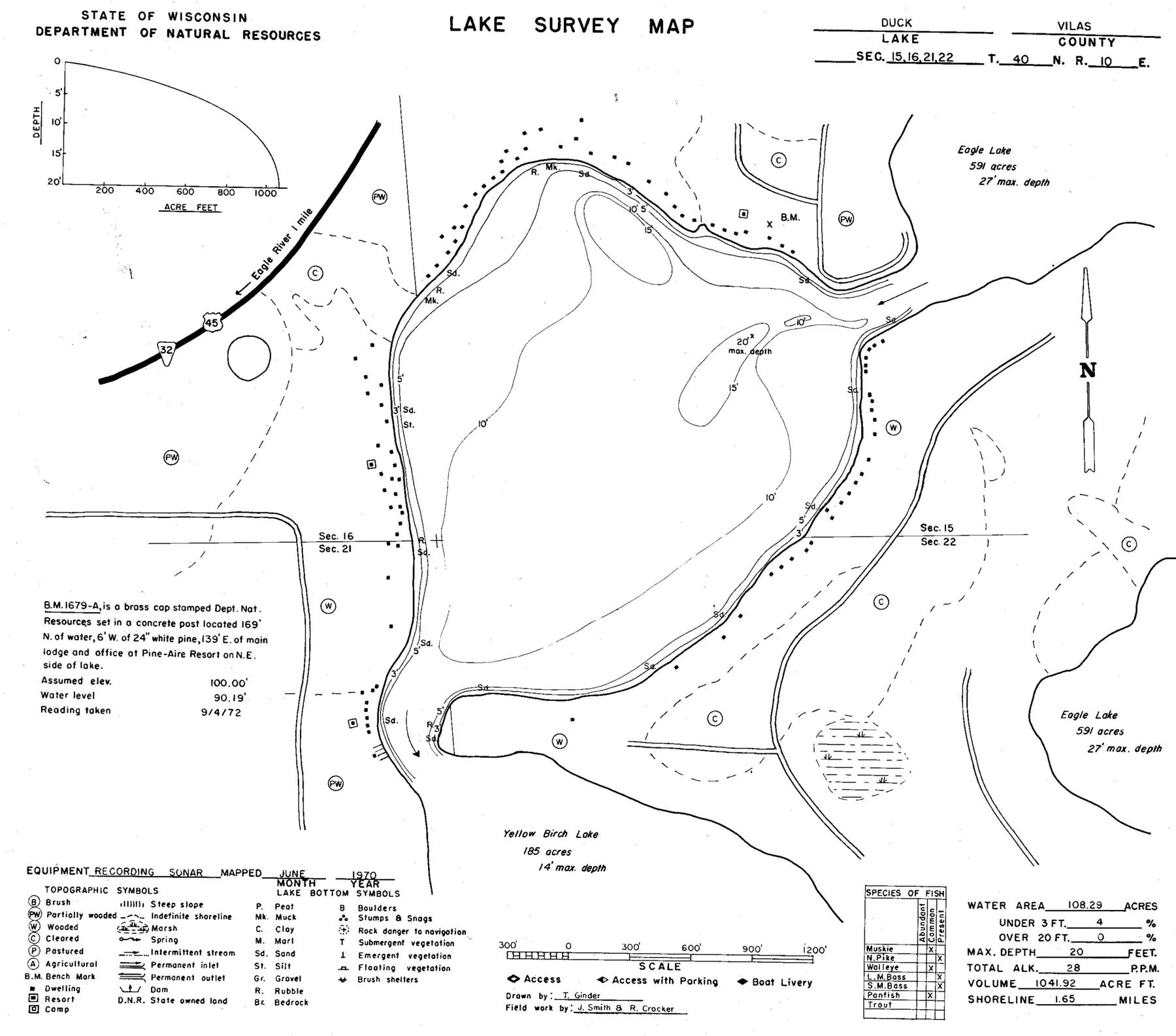DNR survey map of Duck Lake, with depths in feet. Tap to zoom.