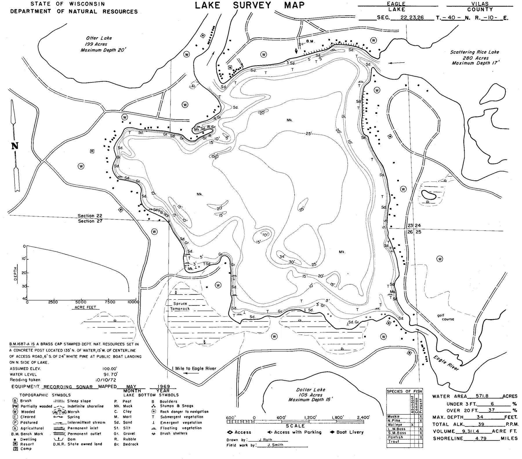 DNR survey map of Eagle Lake, with depths in feet. Tap to zoom.