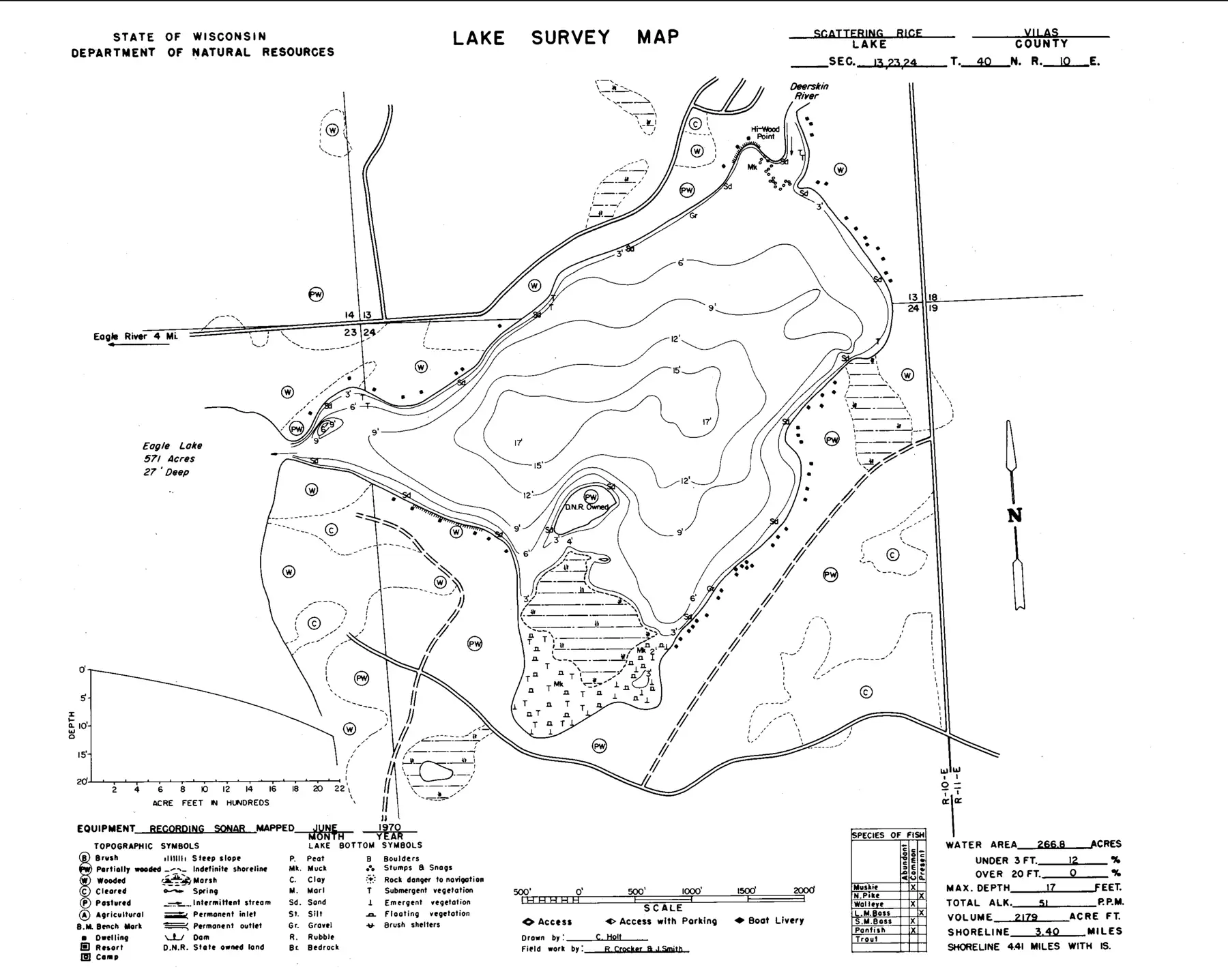 DNR survey map of Scattering Rice Lake, with depths in feet. Tap to zoom.