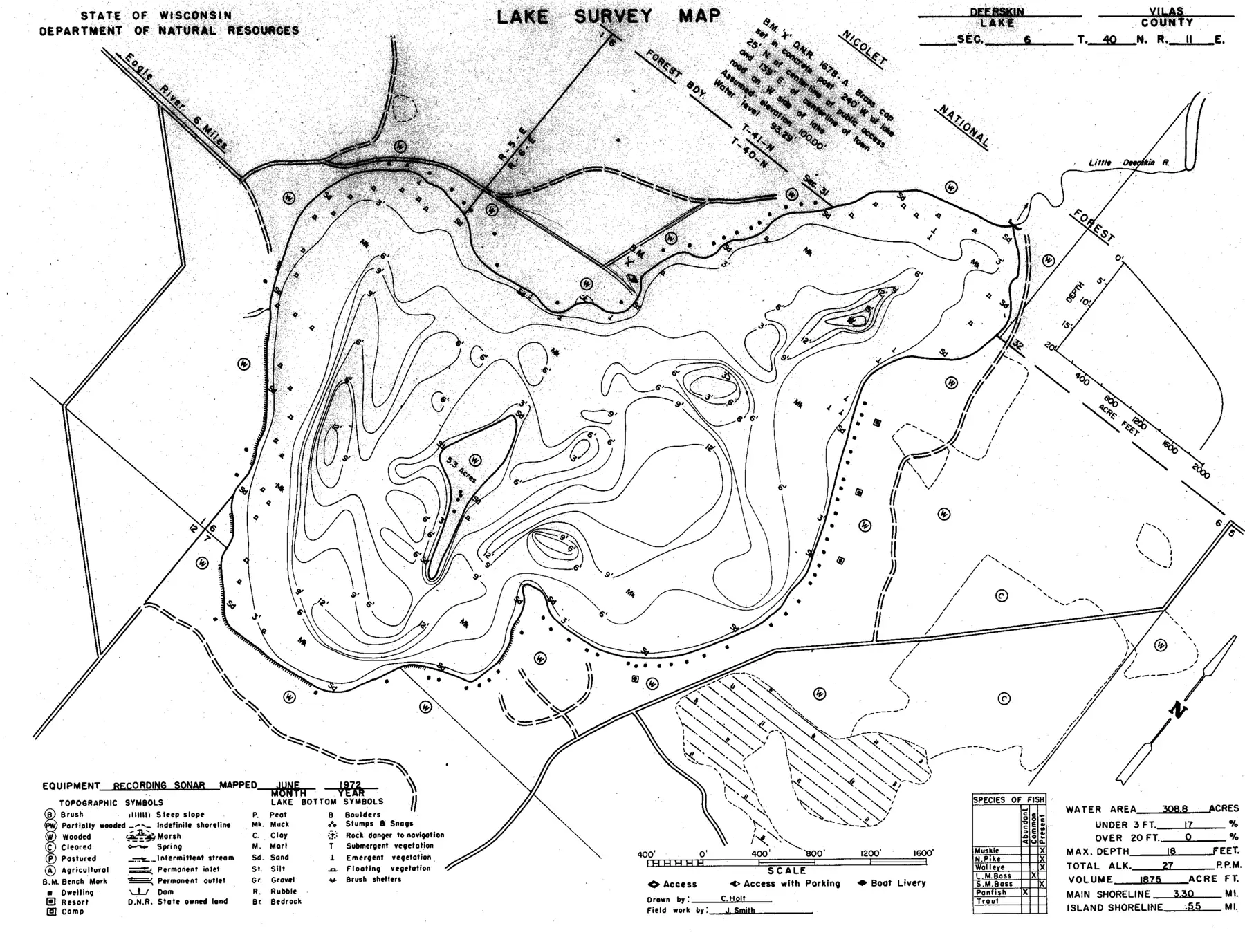 DNR survey map of Deerskin Lake, with depths in feet. Tap to zoom.