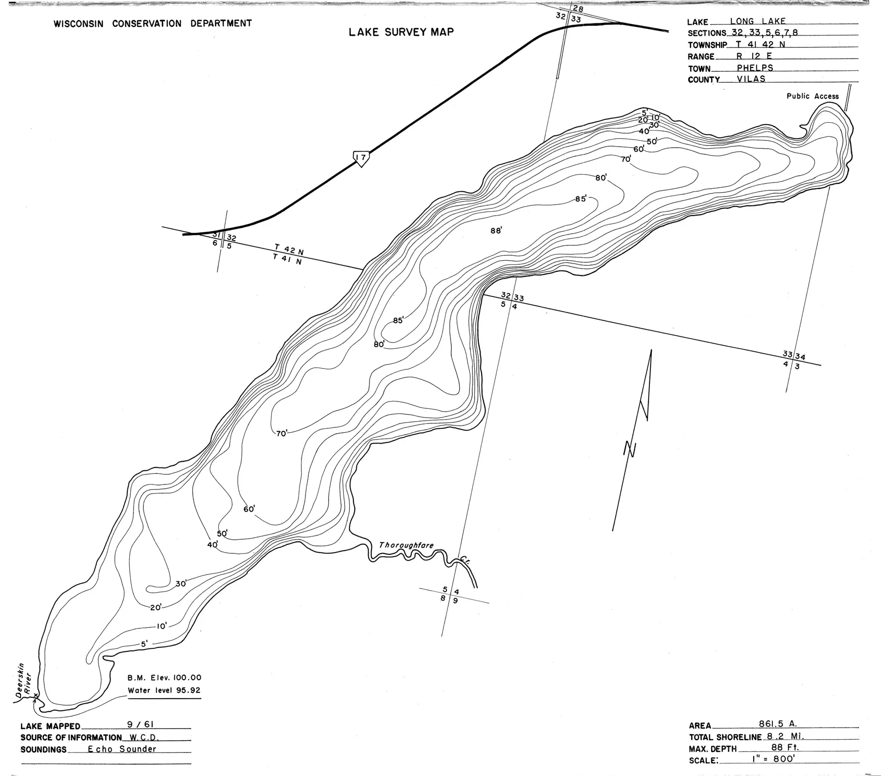 DNR survey map of Long Lake, with depths in feet. Tap to zoom.