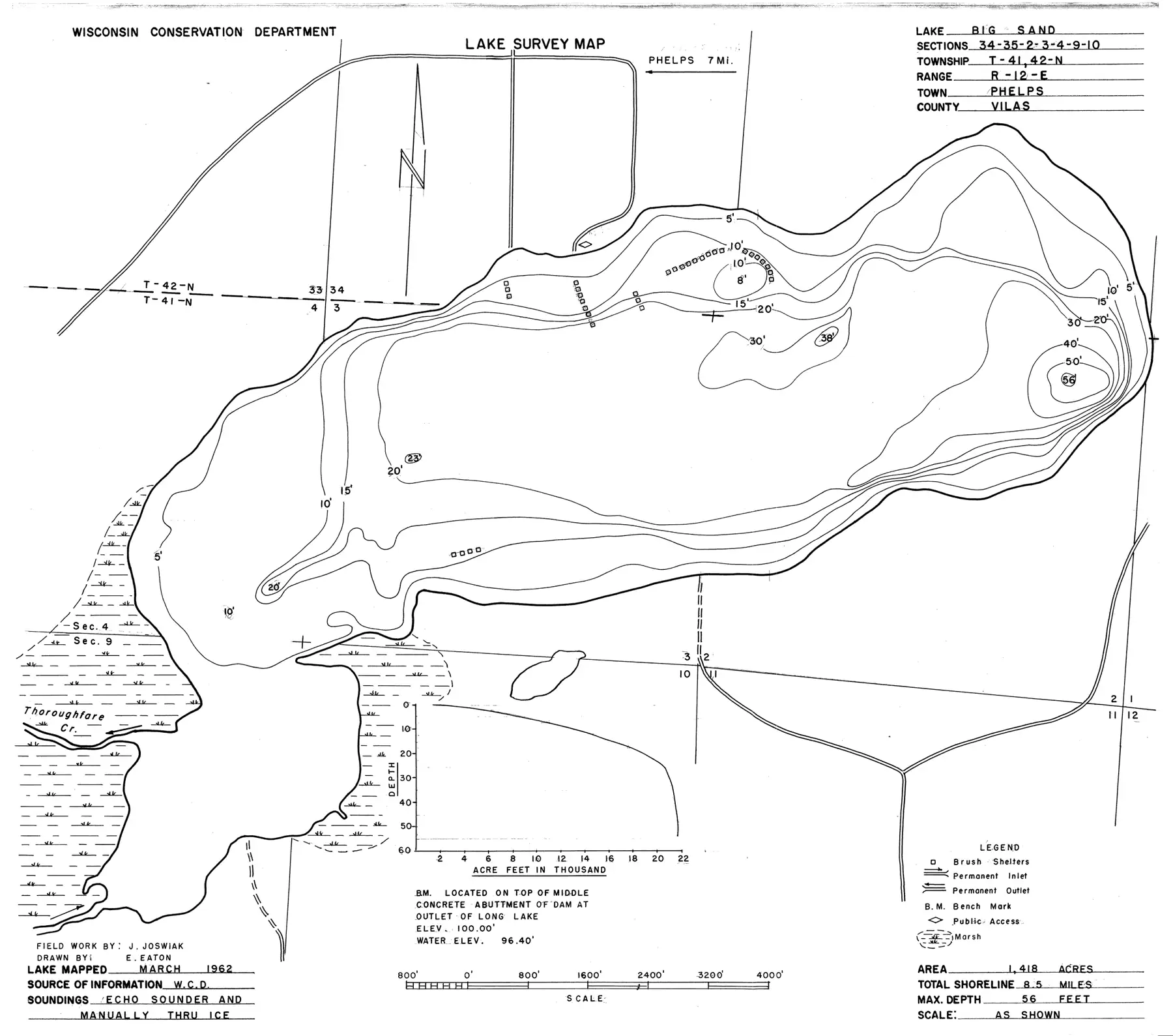 DNR survey map of Big Sand Lake, with depths in feet. Tap to zoom.