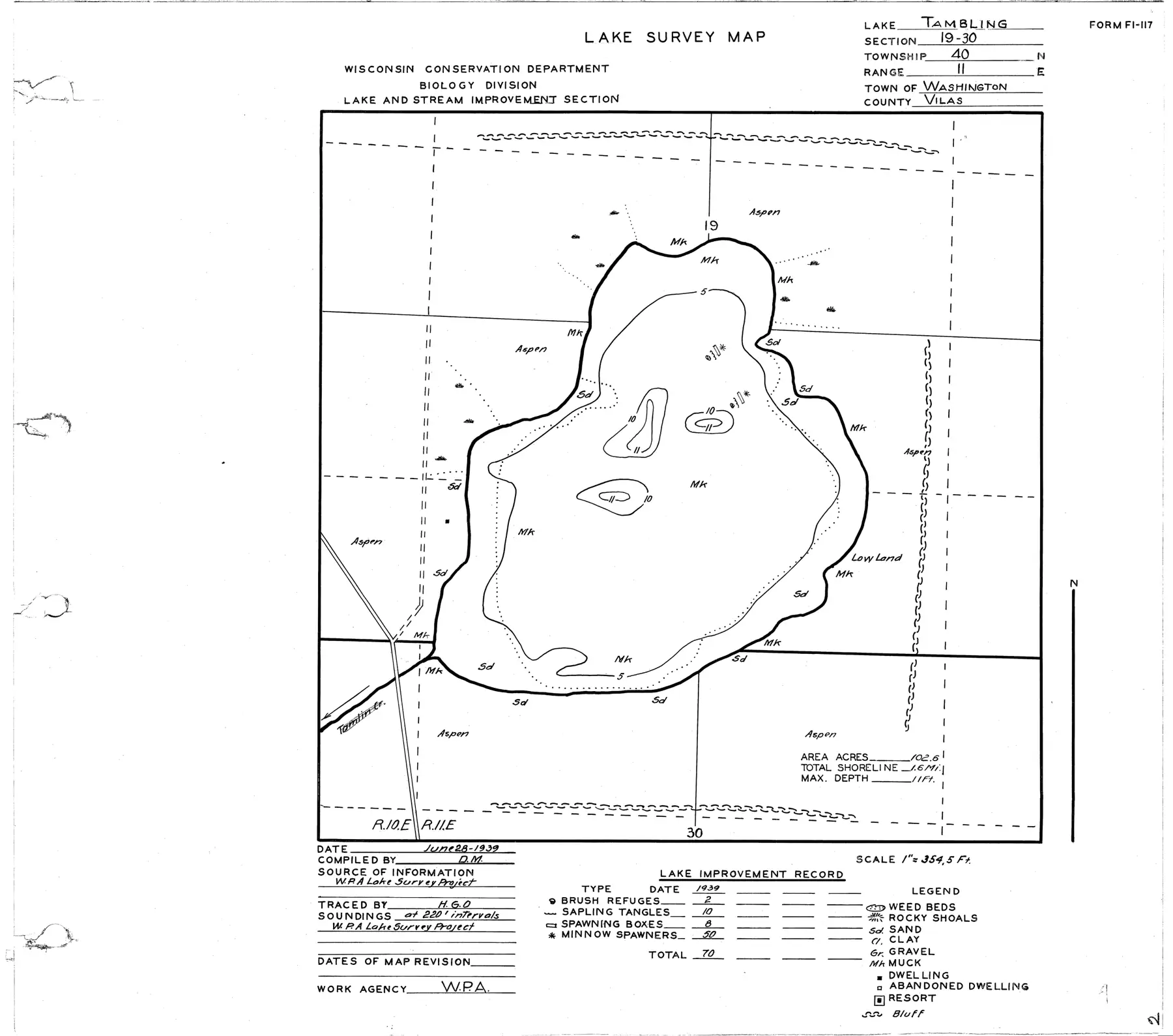 DNR survey map of Tambling Lake, with depths in feet. Tap to zoom.