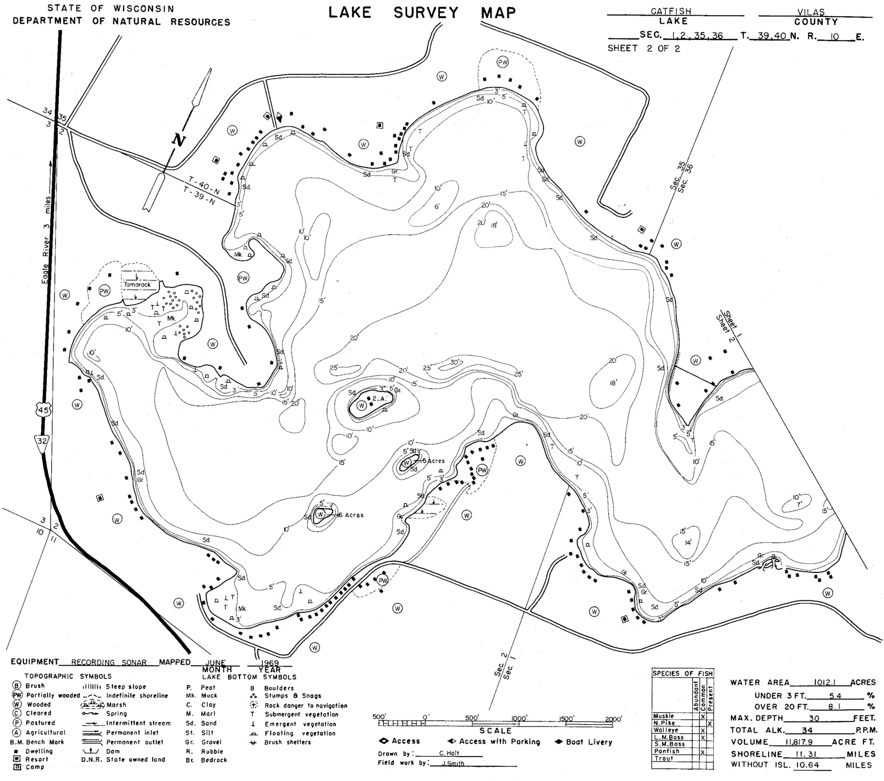 DNR survey map of Catfish Lake, sheet 2 of 2, with depths in feet. Tap to zoom.