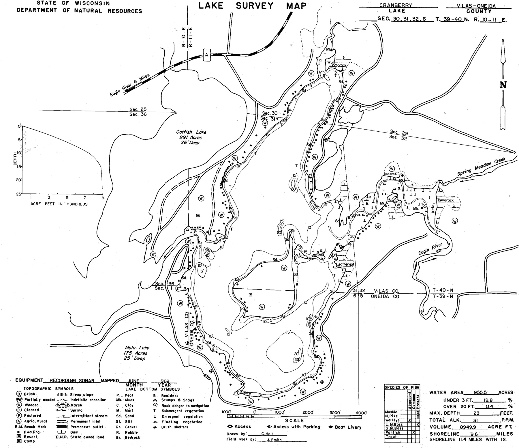 DNR survey map of Cranberry Lake, with depths in feet. Tap to zoom.