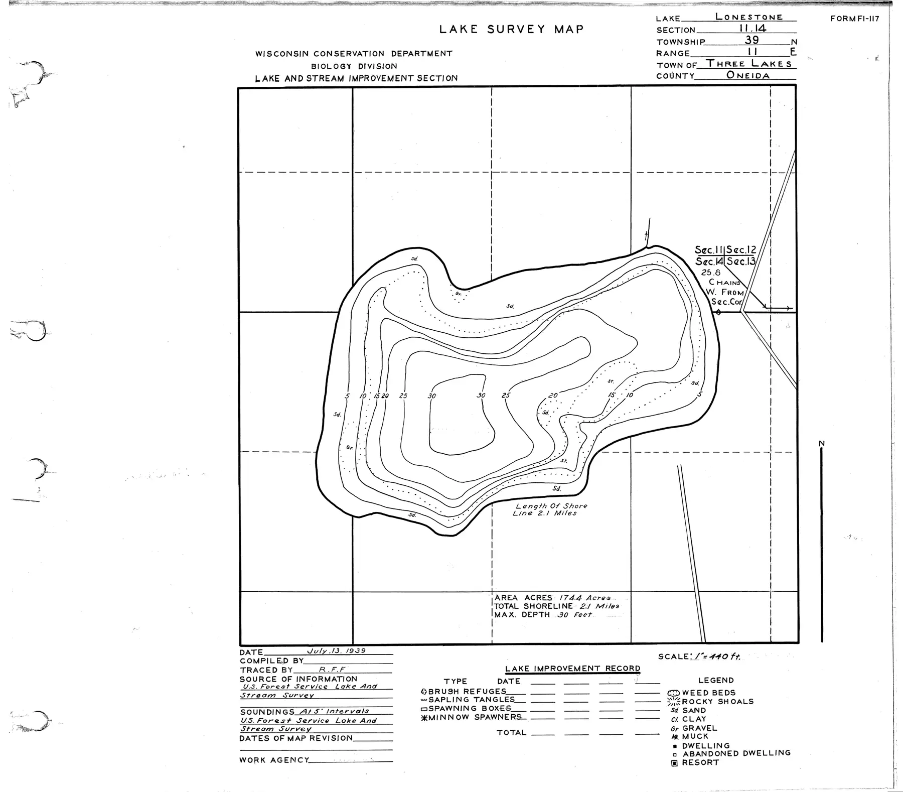 DNR survey map of Lone Stone Lake, with depths in feet. Tap to zoom.