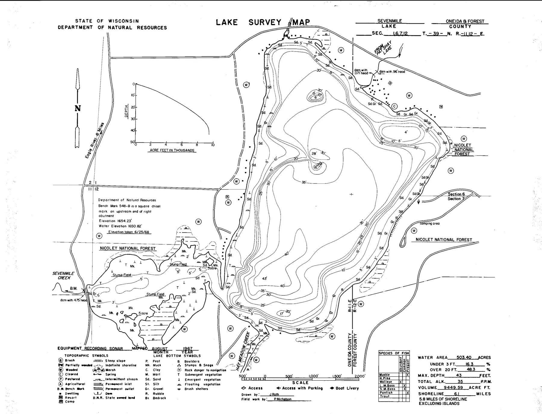 DNR survey map of Sevenmile Lake, with depths in feet. Tap to zoom.
