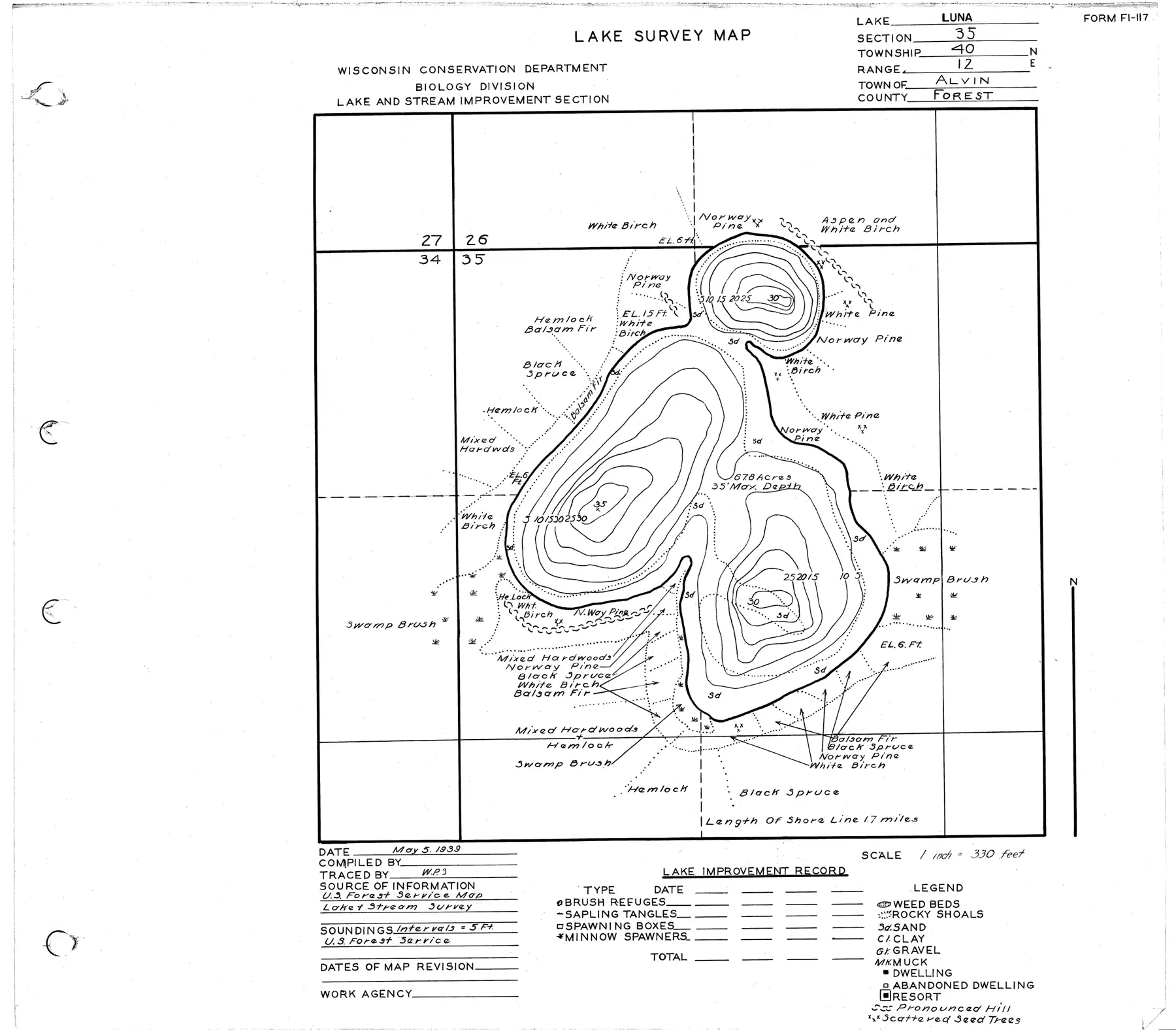 DNR survey map of Luna Lake, with depths in feet. Tap to zoom.