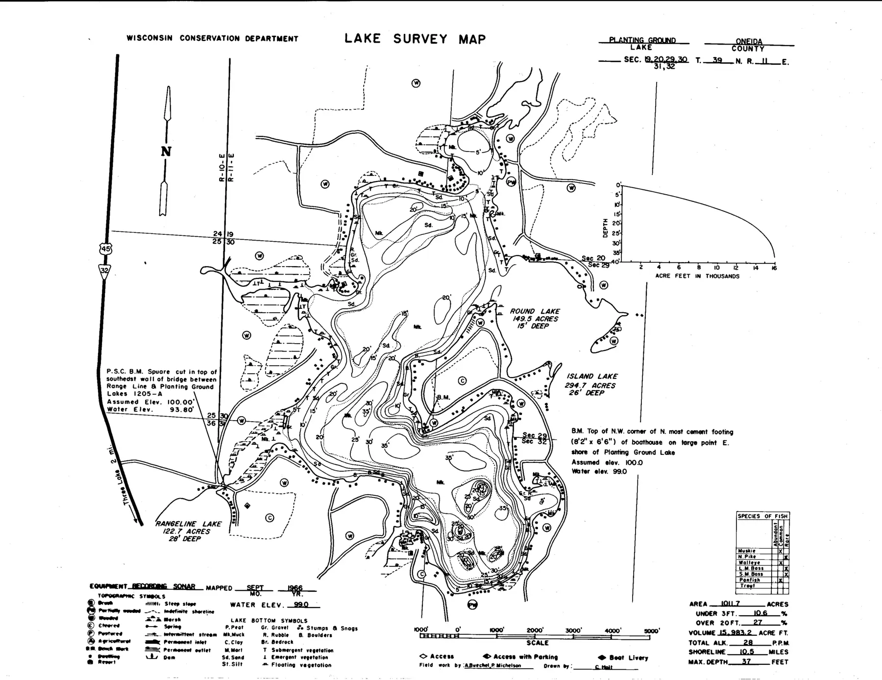 DNR survey map of Planting Ground Lake, with depths in feet. Tap to zoom.