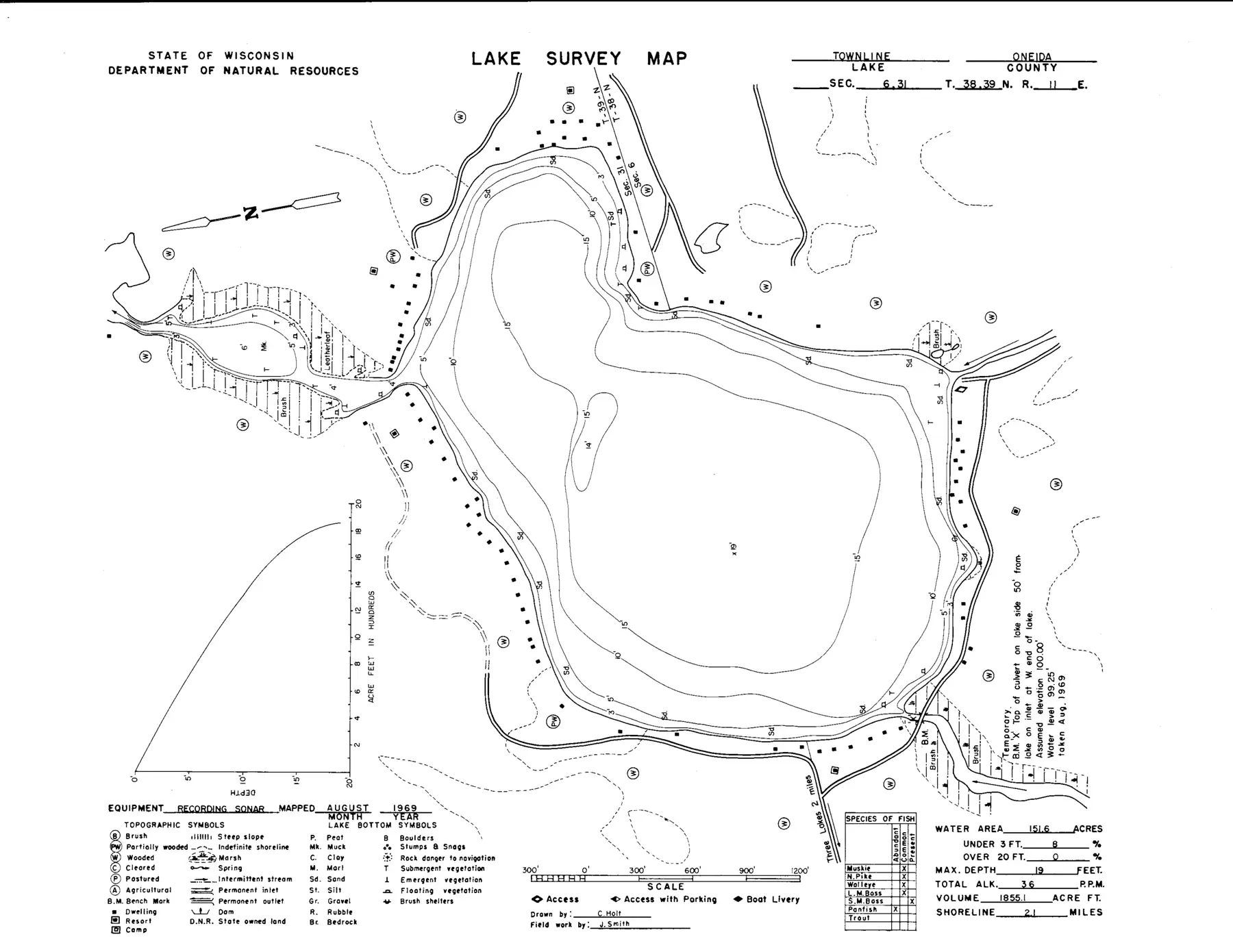 DNR survey map of Townline Lake, with depths in feet. Tap to zoom.