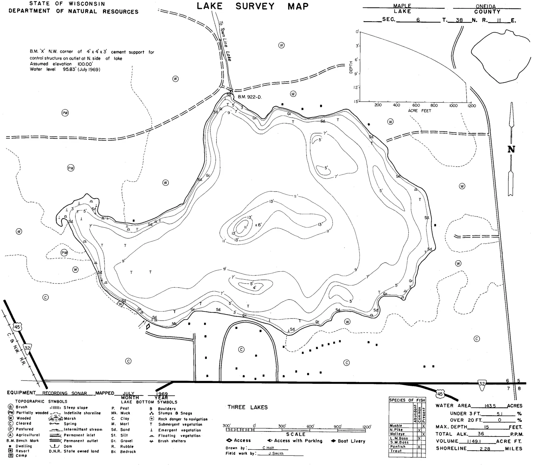 DNR survey map of Maple Lake, with depths in feet. Tap to zoom.