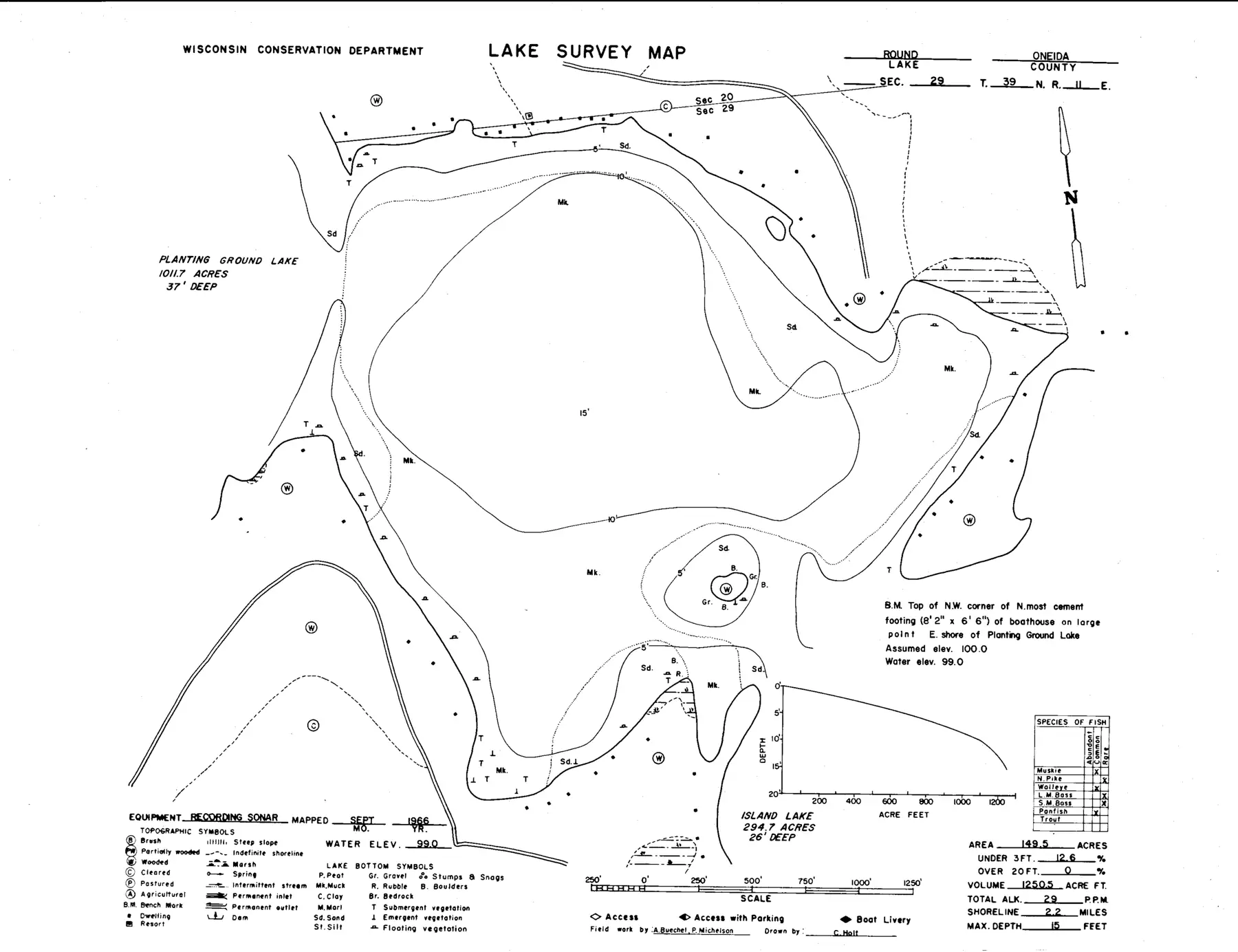 DNR survey map of Round Lake, with depths in feet. Tap to zoom.