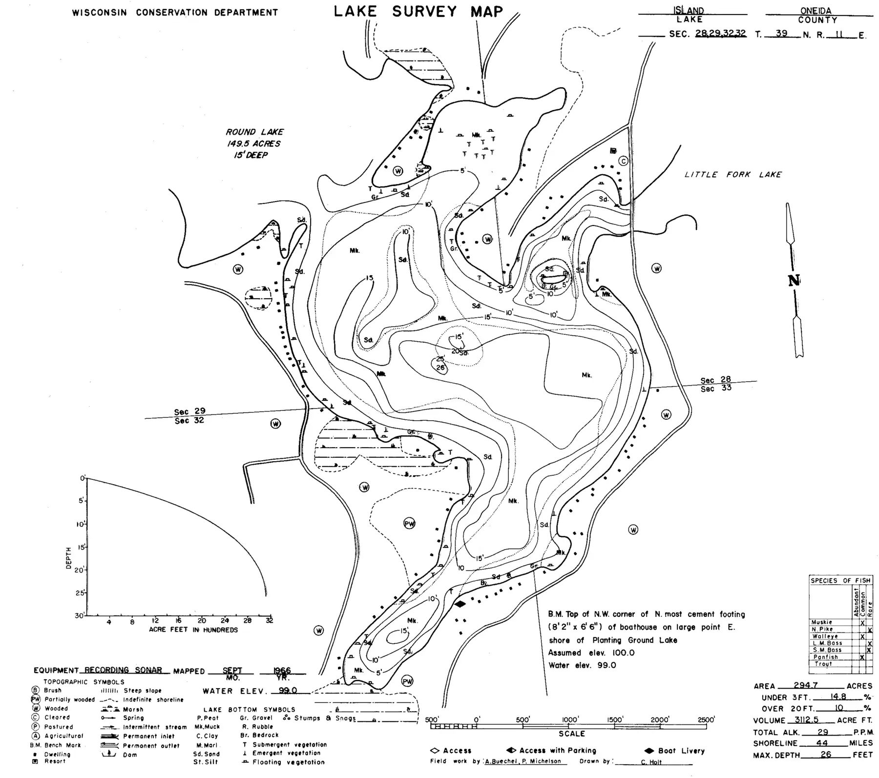 DNR survey map of Island Lake, with depths in feet. Tap to zoom.