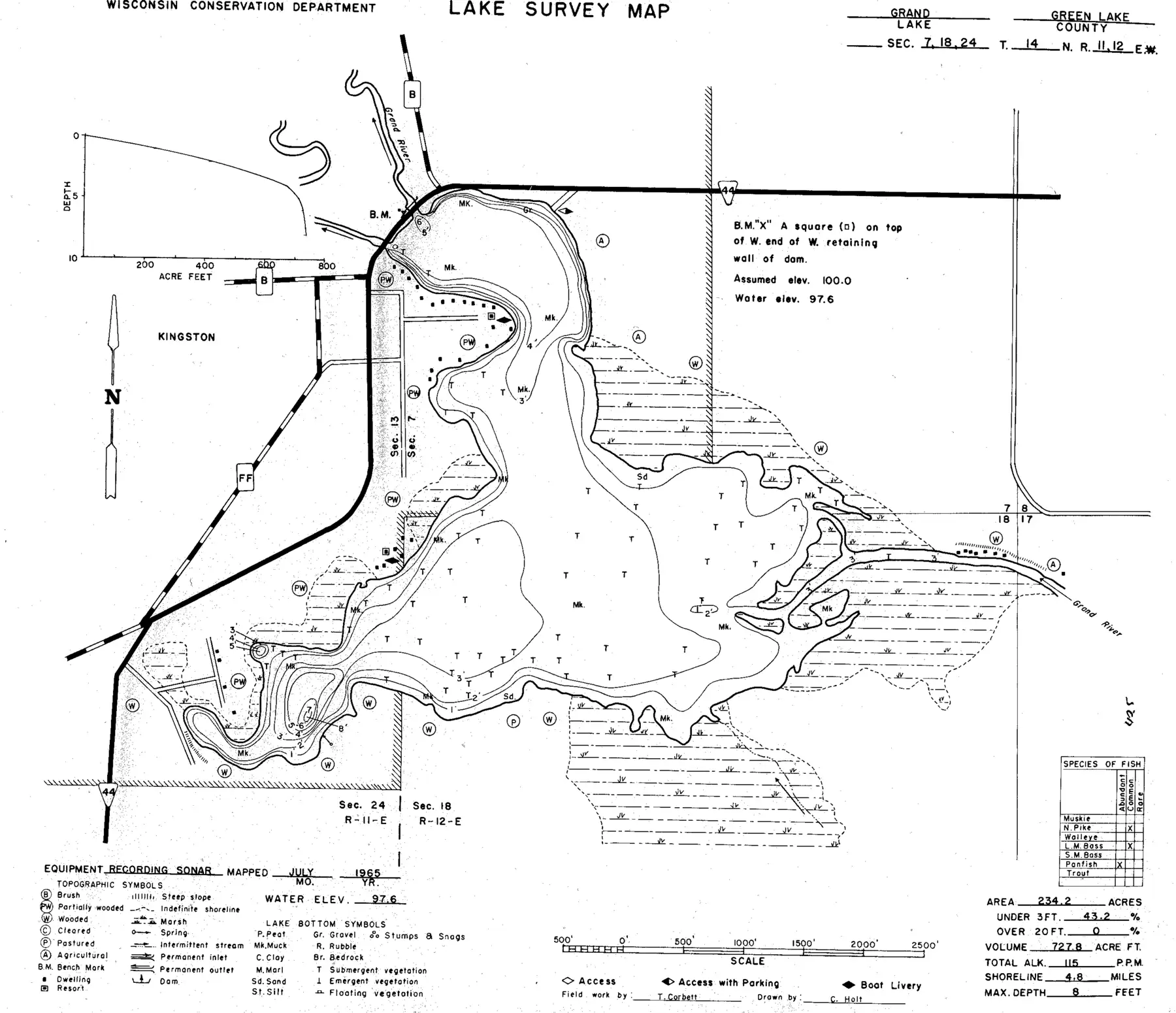 DNR survey map of Grand Lake (Millpond), with depths in feet. Tap to zoom.