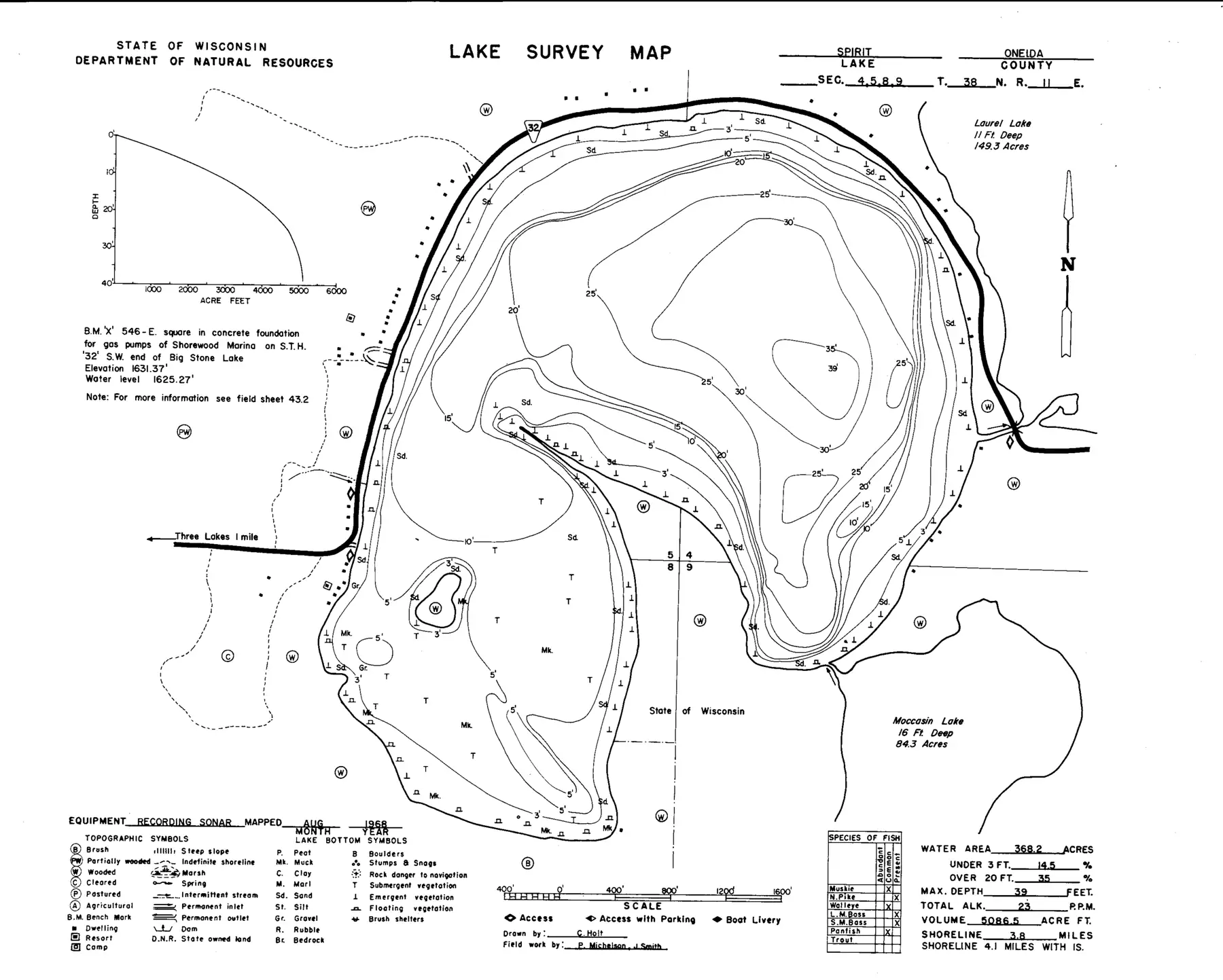 DNR survey map of Spirit Lake, with depths in feet. Tap to zoom.