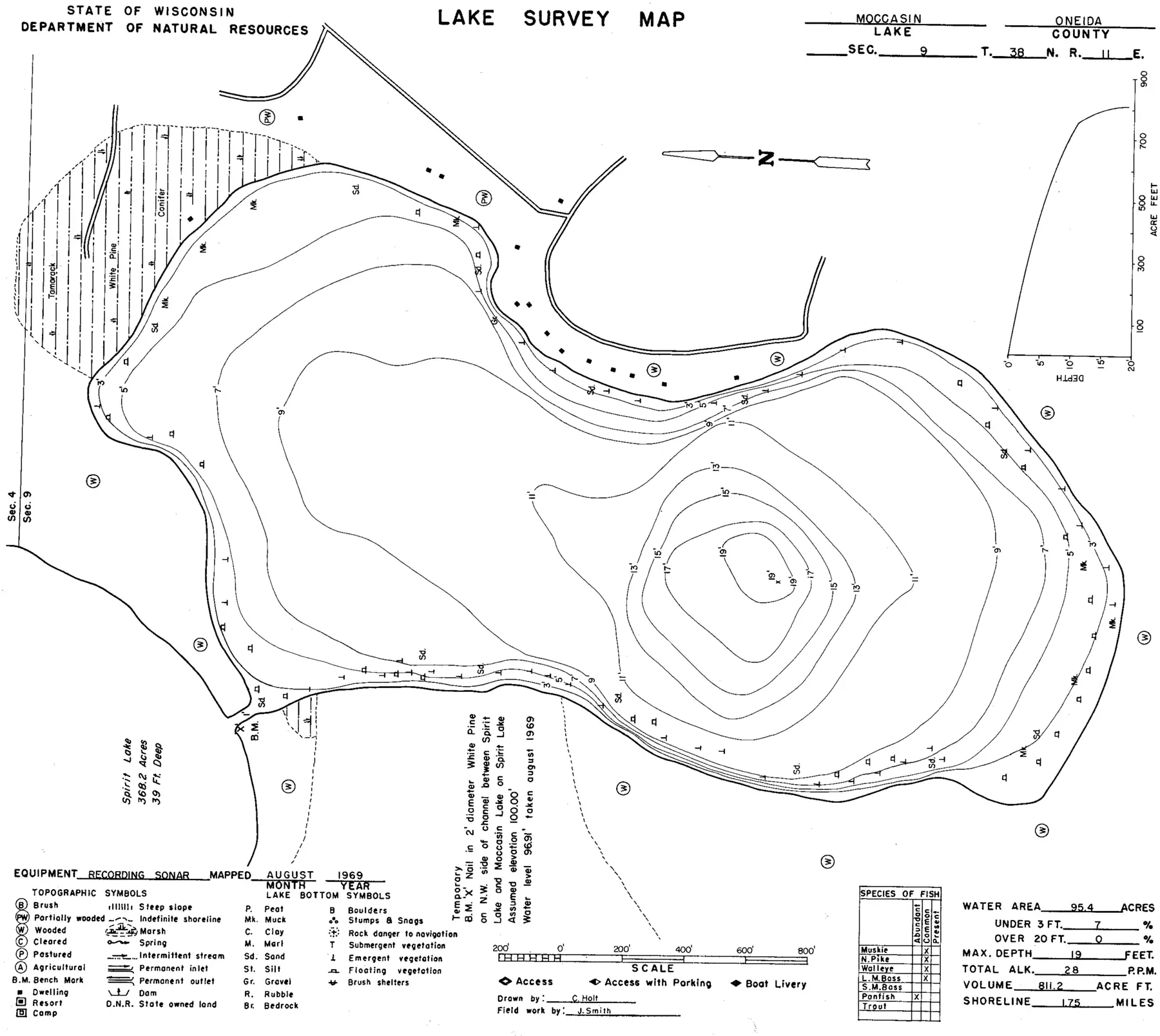 DNR survey map of Moccasin Lake, with depths in feet. Tap to zoom.