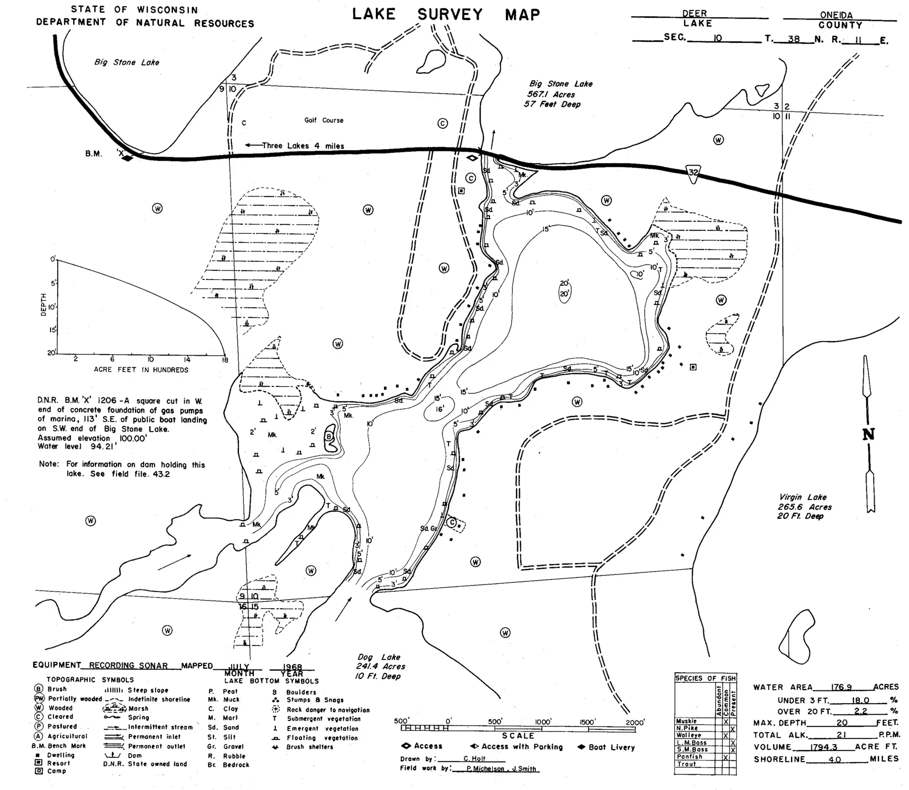 DNR survey map of Deer Lake, with depths in feet. Tap to zoom.