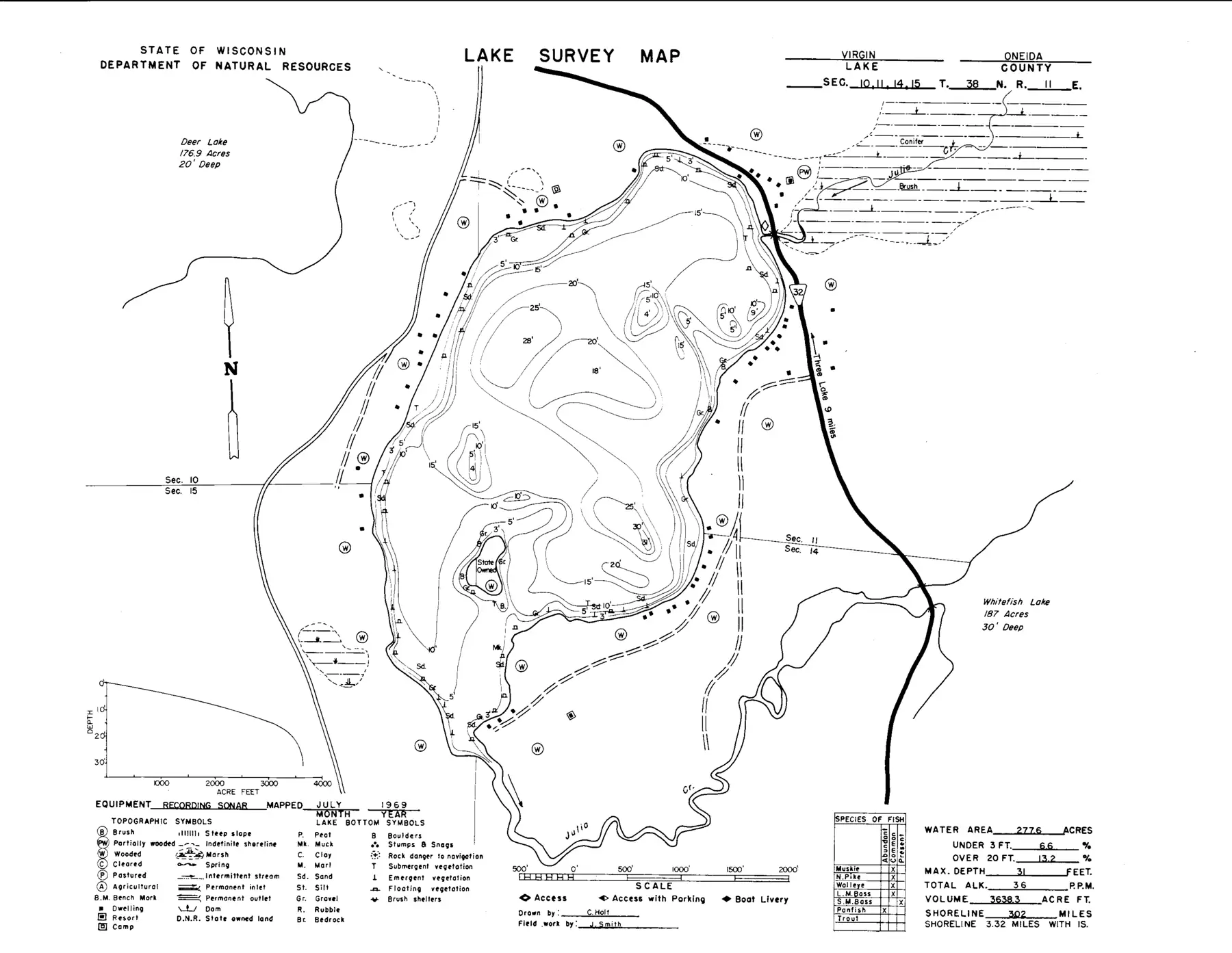 DNR survey map of Virgin Lake, with depths in feet. Tap to zoom.