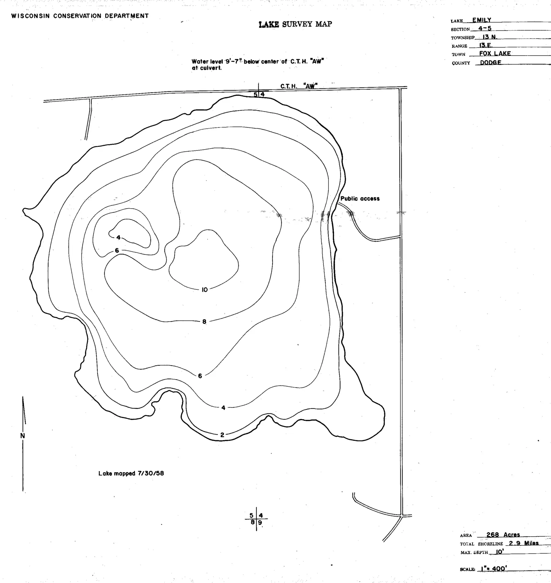 DNR survey map of Lake Emily, with depths in feet. Tap to zoom.