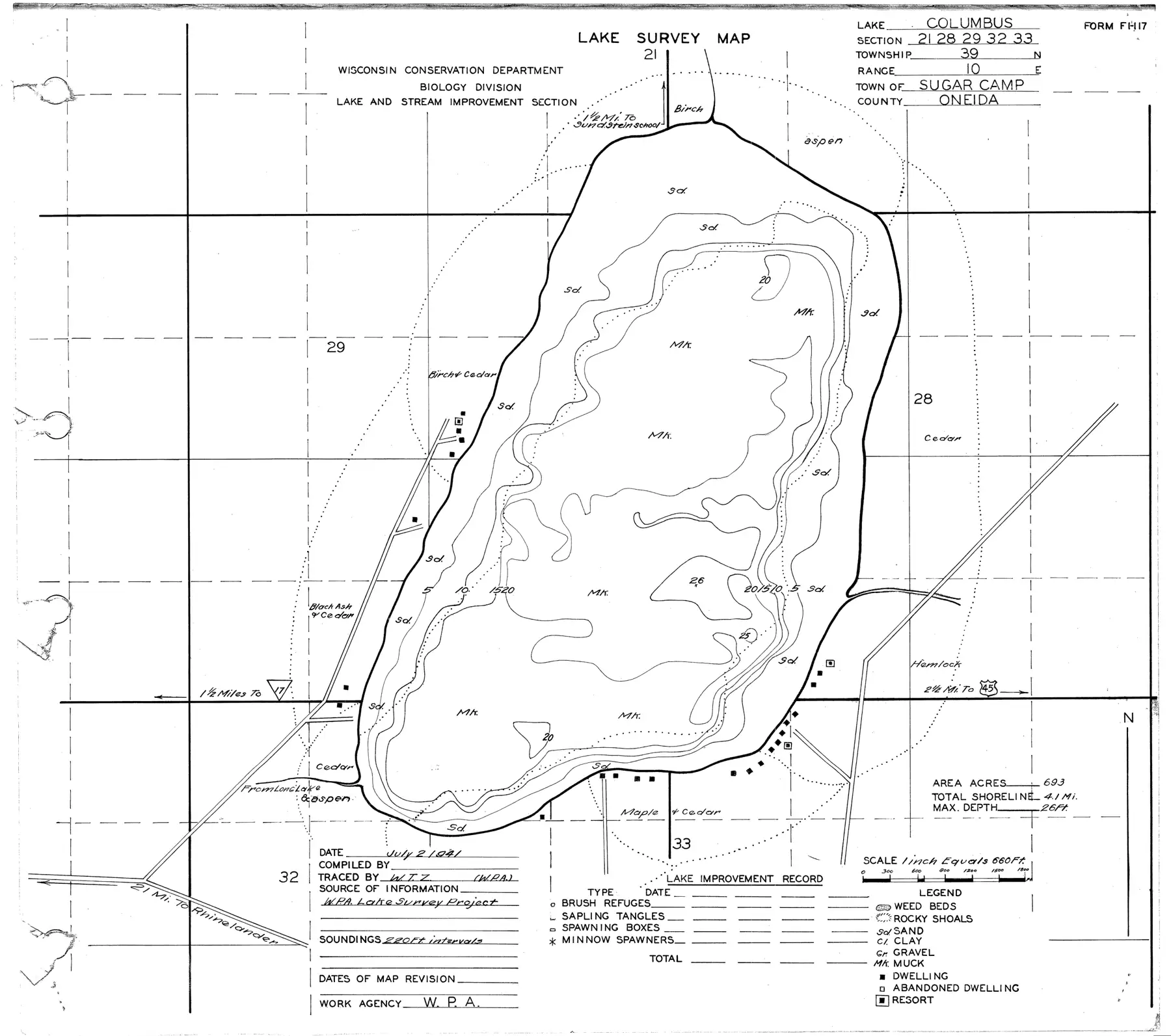 DNR survey map of Columbus Lake