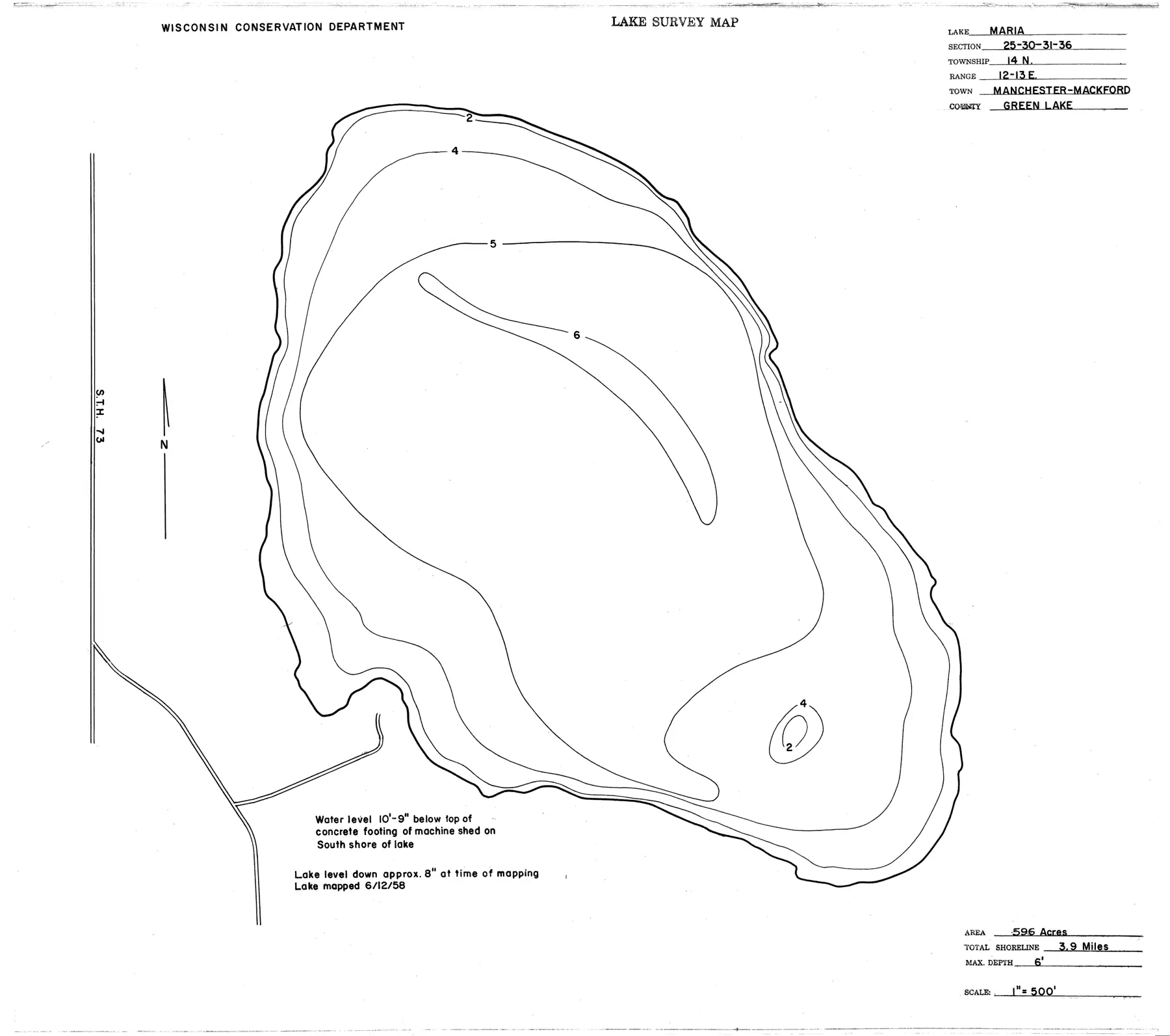 DNR survey map of Lake Maria, with depths in feet. Tap to zoom.