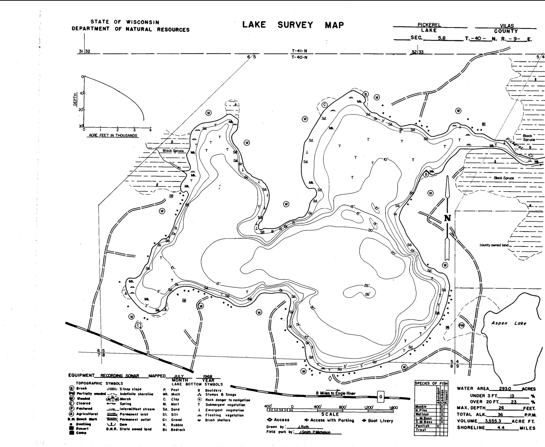 DNR survey map of Pickerel Lake, with depths in feet. Tap to zoom.