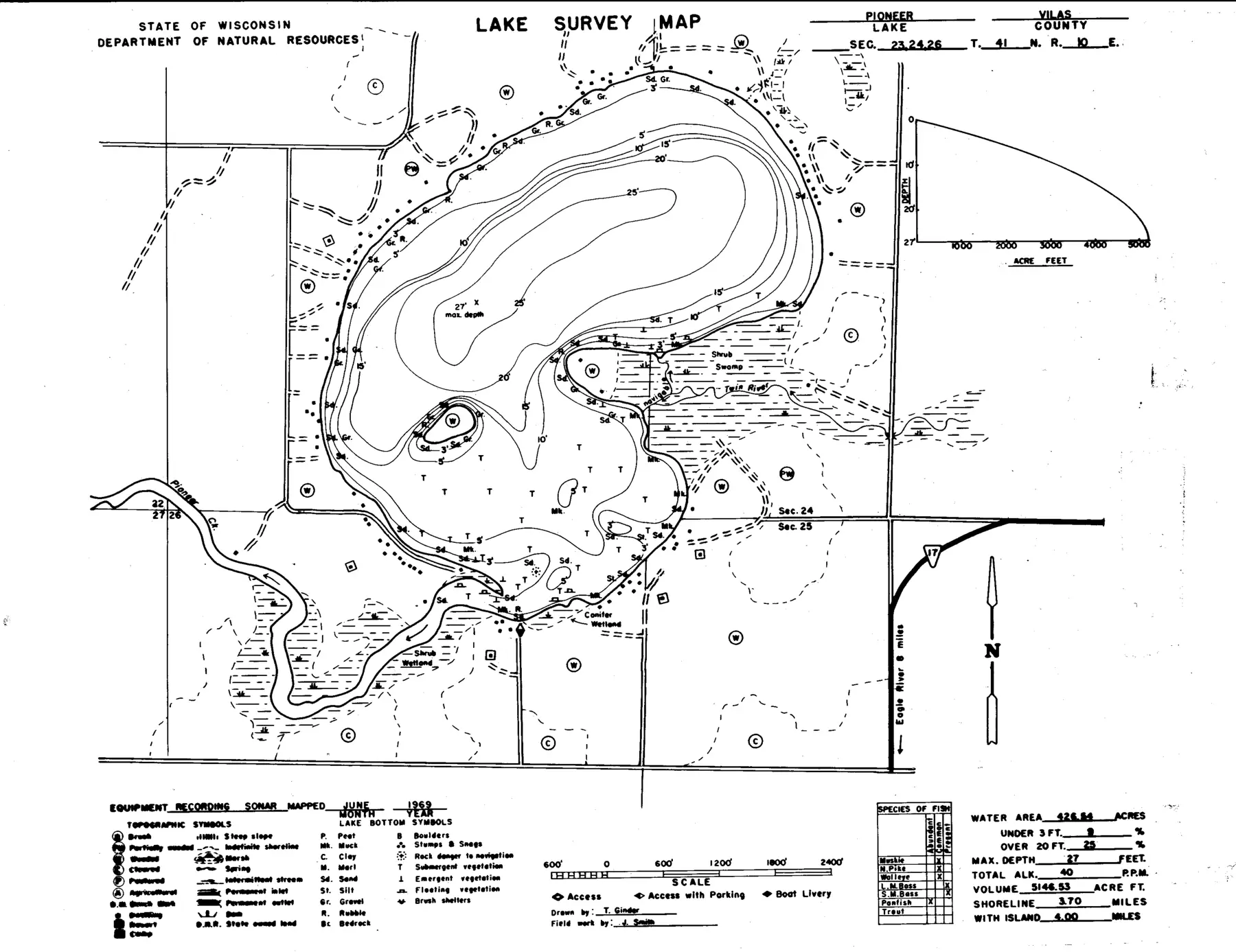 DNR survey map of Pioneer Lake, with depths in feet. Tap to zoom.