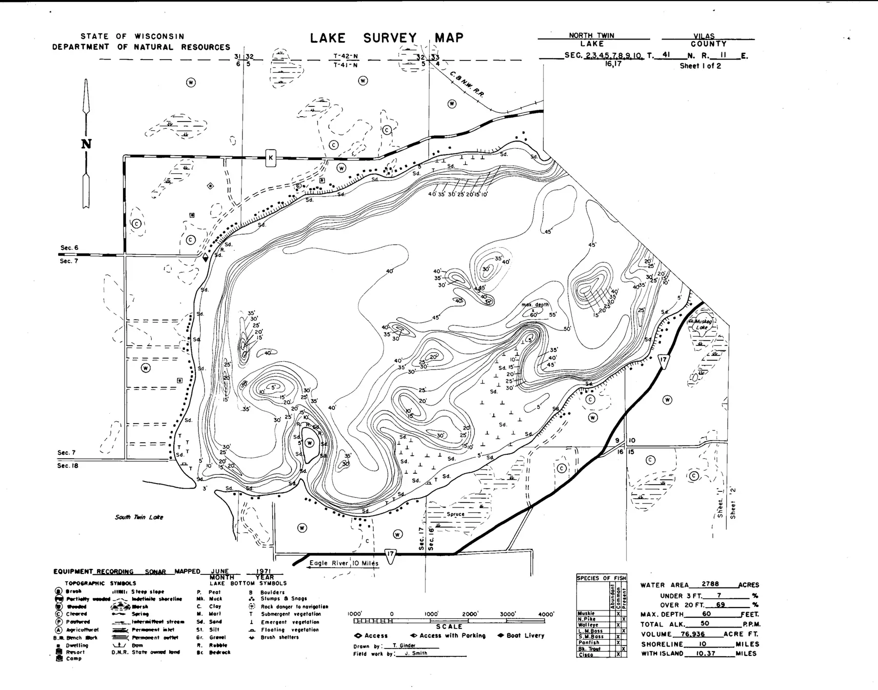 DNR survey map of North Twin Lake, sheet 1 of 2, with depths in feet. Tap to zoom.