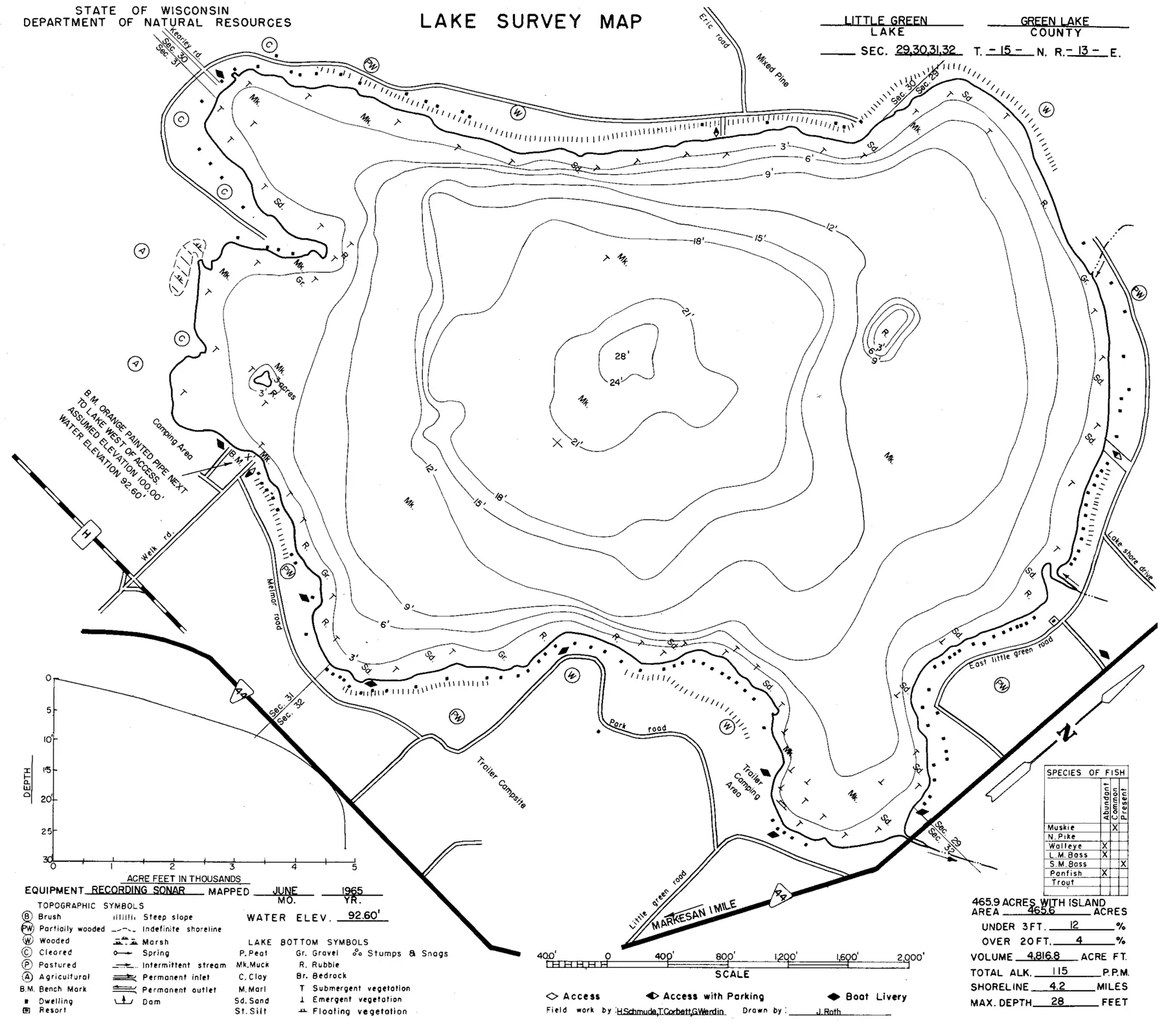 DNR survey map of Little Green Lake, with depths in feet. Tap to zoom.