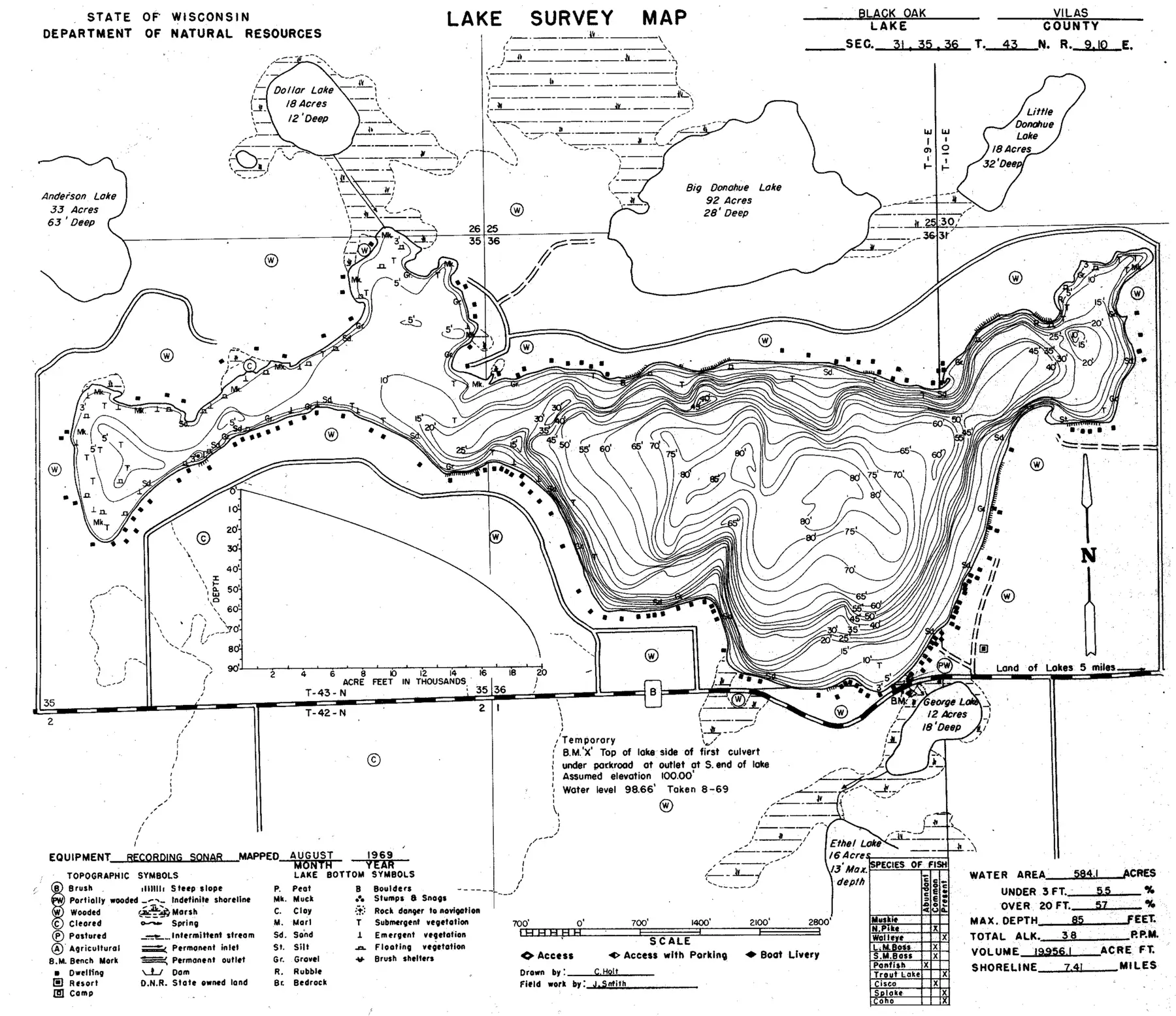 DNR survey map of Black Oak Lake, with depths in feet. Tap to zoom.