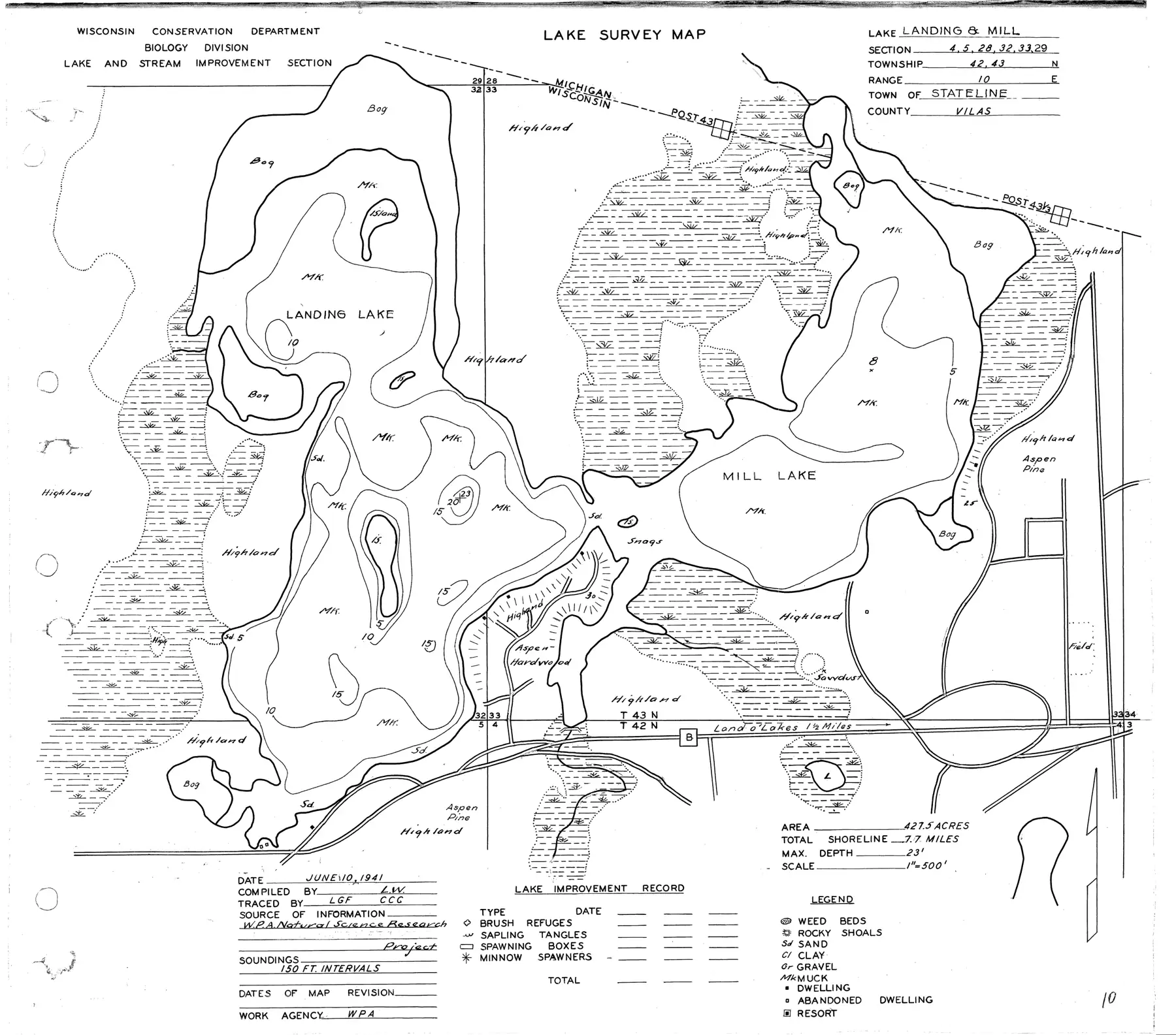 DNR survey map of Landing Lake, with depths in feet. Tap to zoom.