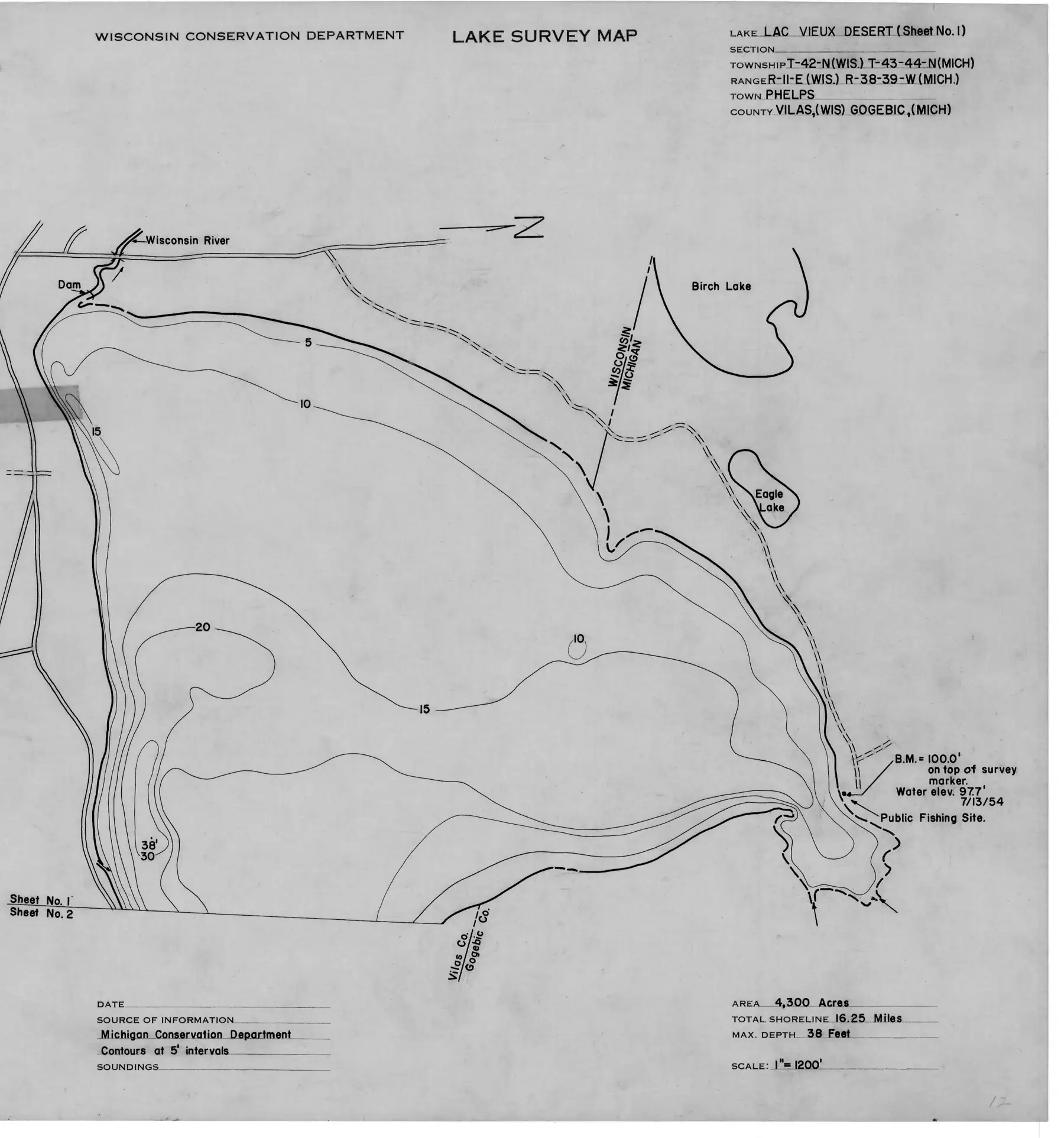 DNR survey map of Lac Vieux Desert, sheet 1 of 6, with depths in feet. Tap to zoom.