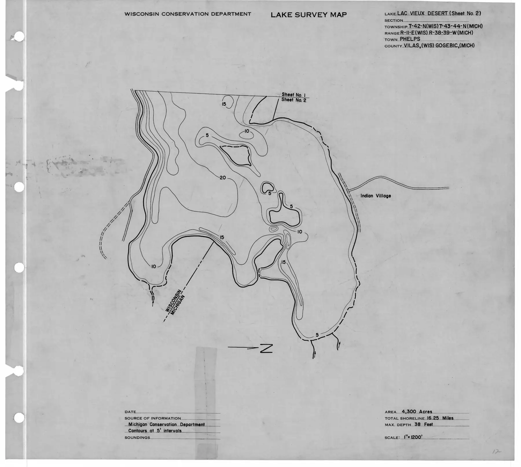 DNR survey map of Lac Vieux Desert, sheet 2 of 6, with depths in feet. Tap to zoom.