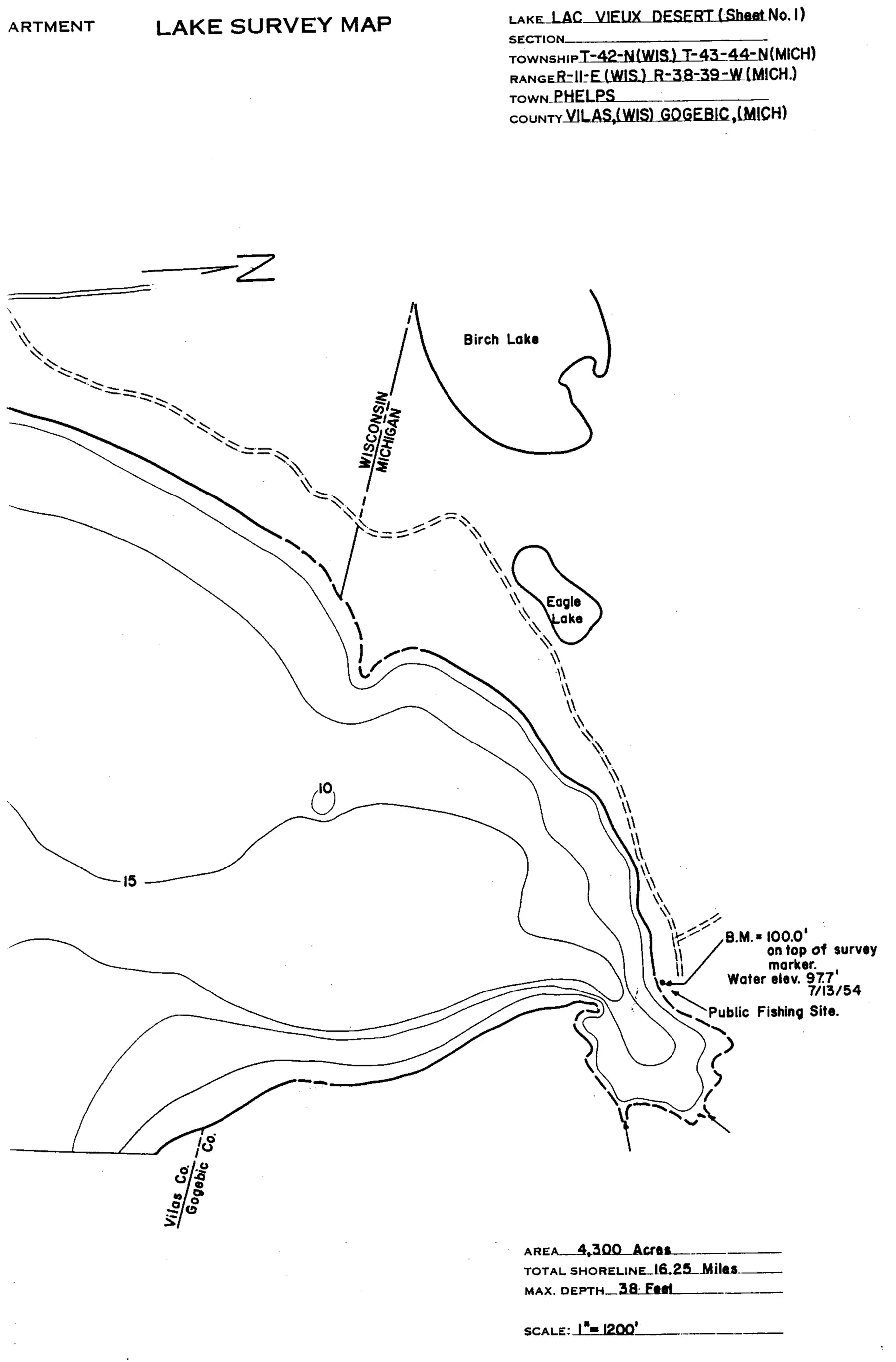 DNR survey map of Lac Vieux Desert, sheet 3 of 6. Tap to zoom.