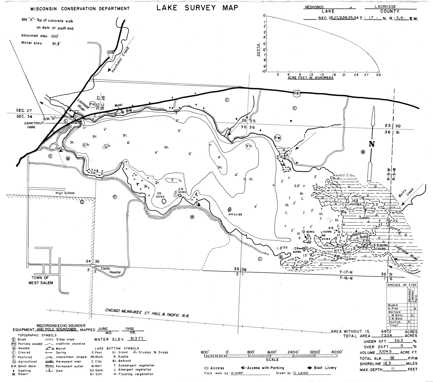 DNR survey map of Neshonoc Lake, with depths in feet. Tap to zoom.