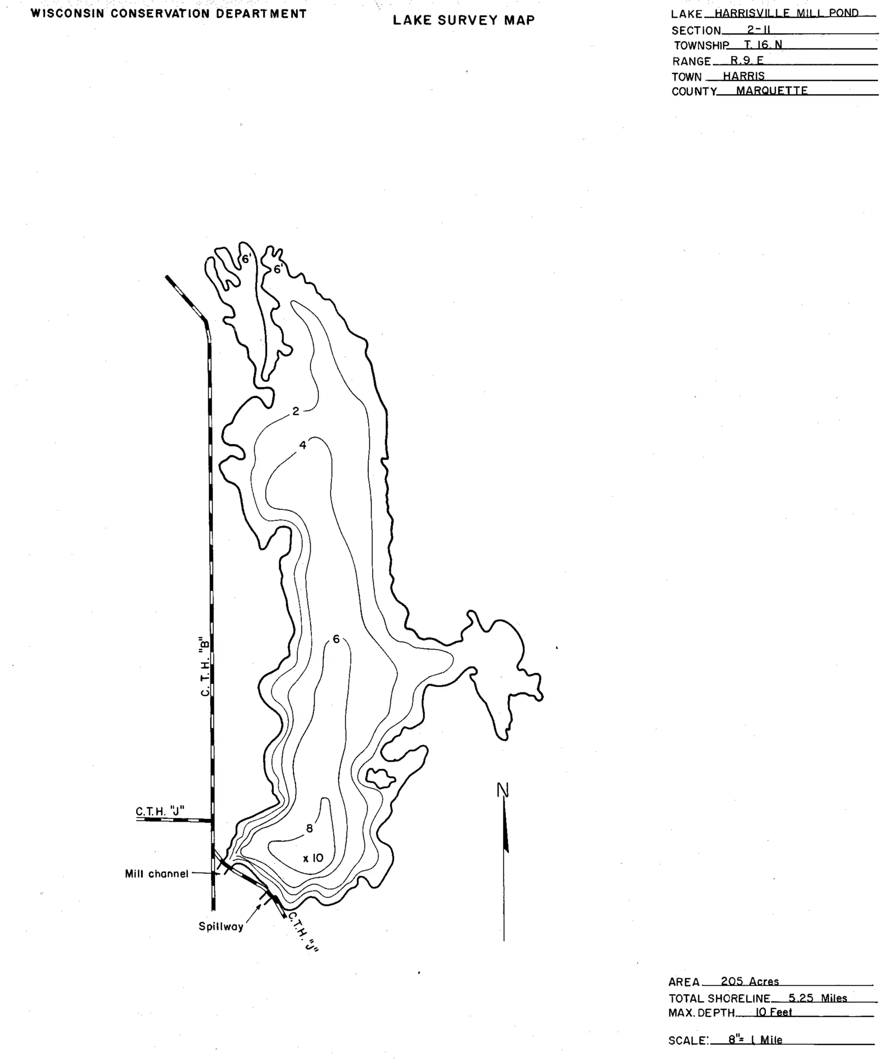 DNR survey map of Harris Pond (Harrisville), with depths in feet. Tap to zoom.